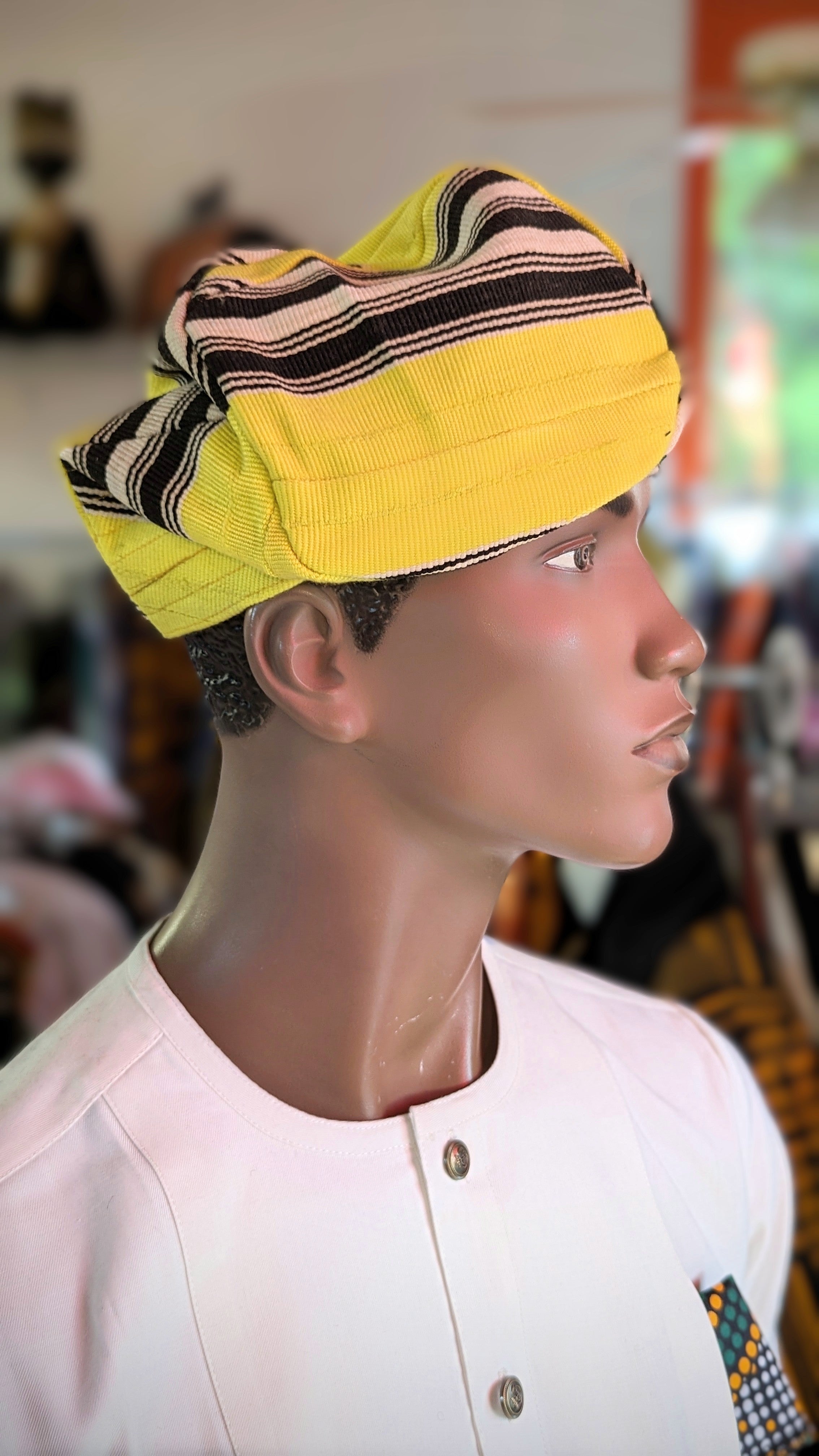 Dupsie's Adebayo Yellow and Black Aso Oke Fila Kufi Cap Hat for Men - Traditional Nigerian Headwear for Weddings, Parties & Cultural Events - DPHYBS4