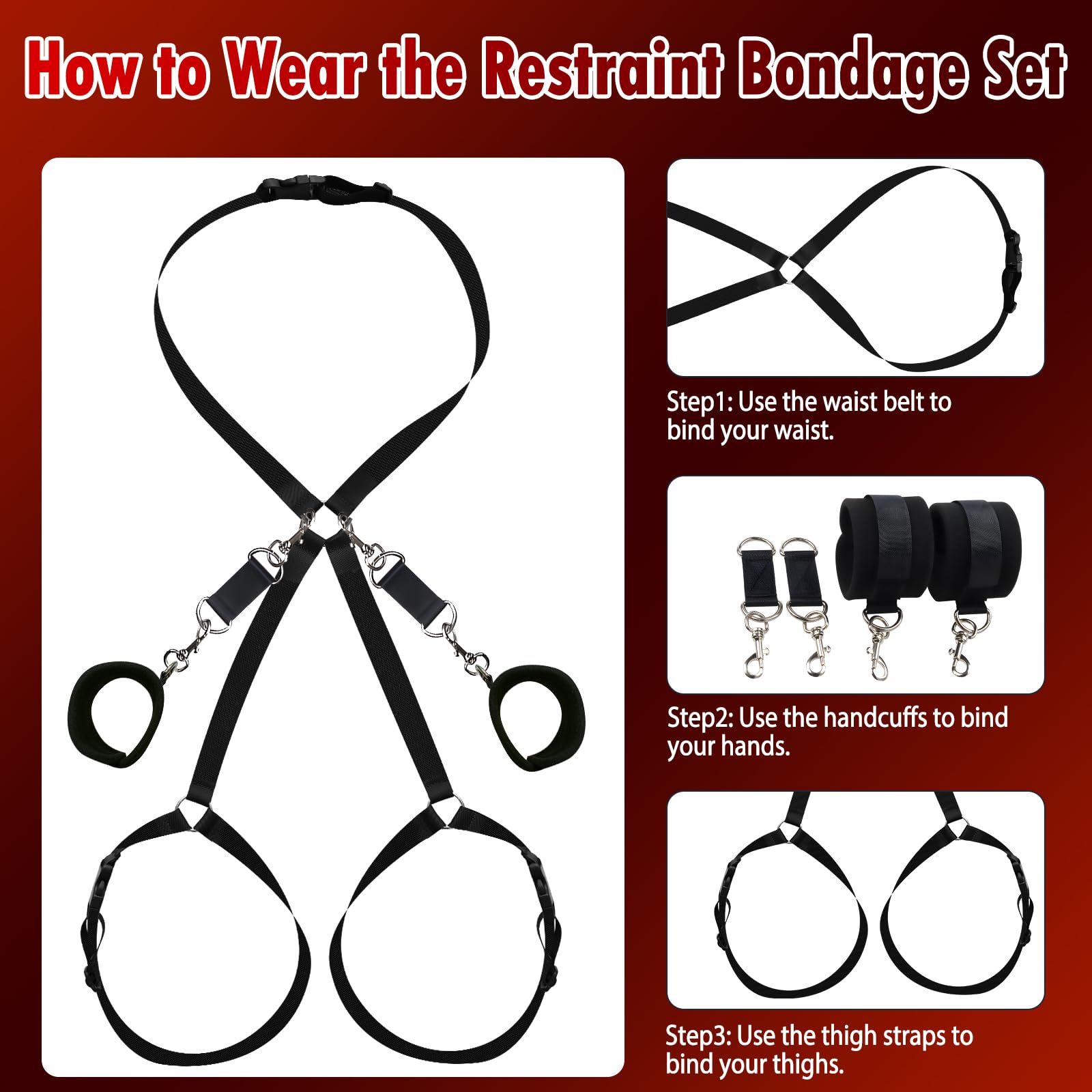 BDSM Bondage Kit for Couples - Adjustable Waist to Thigh Restraint Set with Handcuffs, Blindfold & Tickler - Adult SM Toys for Men & Women - Perfect for Bedroom Play, Roleplay & Spicing Up Relationships