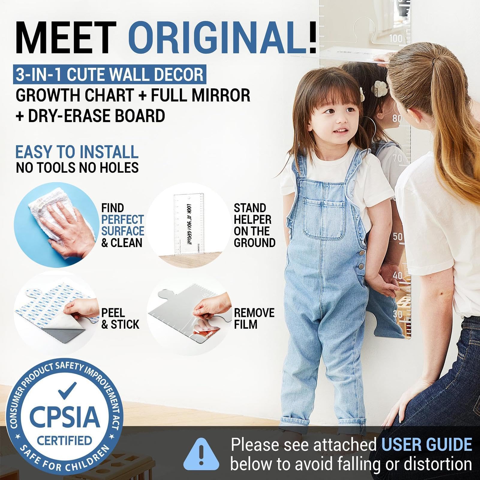 Foldable Acrylic Growth Chart Mirror for Kids - Wall Mounted Height Measuring Tool with Stickers | Perfect for Nursery Decor, Birthday Gifts & Tracking Child Development | Durable Puzzle-Style Home Decoration