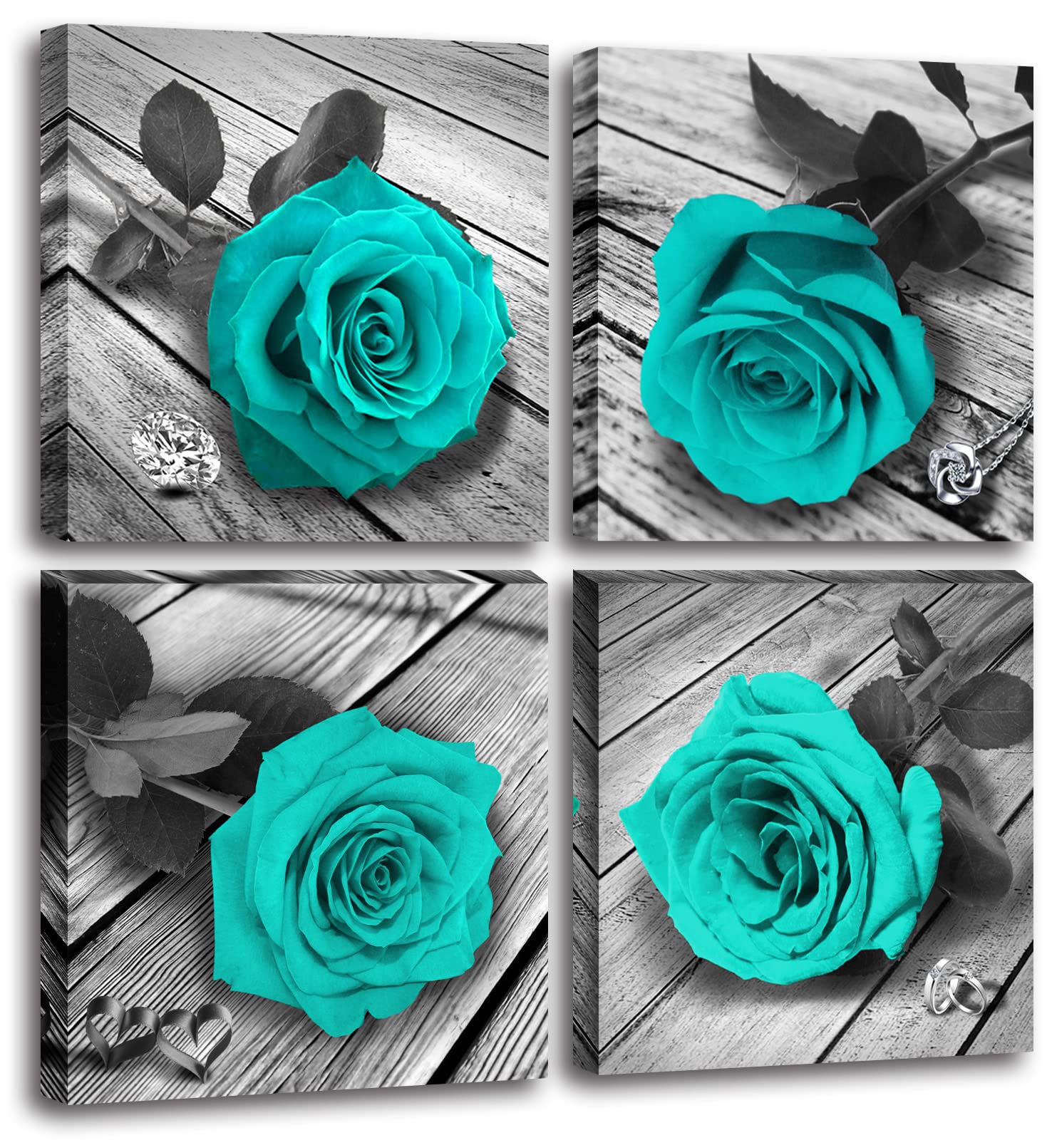 Teal Blue Rose Canvas Wall Art - 4 Panel Framed Flower Paintings for Bathroom, Bedroom & Living Room Decor | Modern Turquoise Floral Artwork for Home & Office Wall Decorations | Perfect for Spa, Guest Room & Nursery Accent Walls