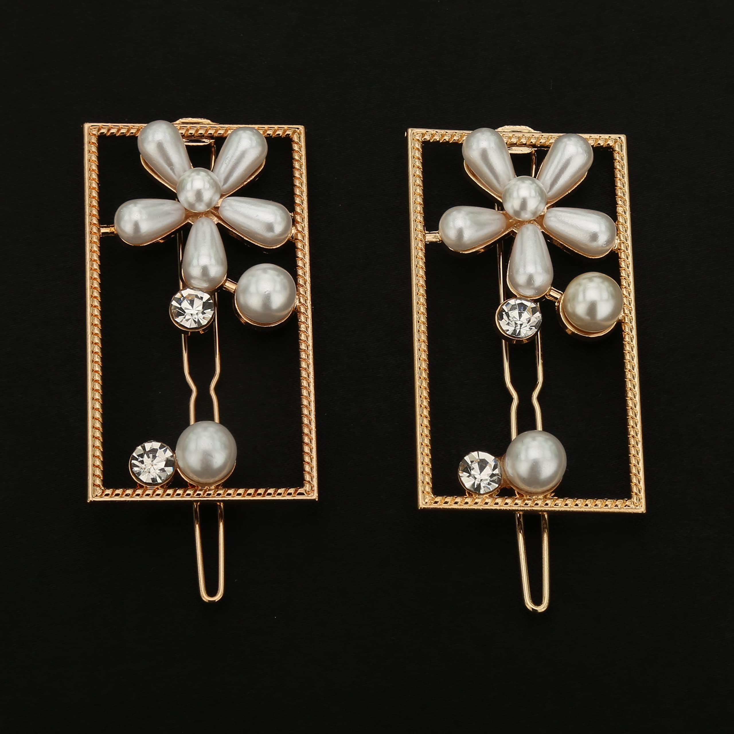 HOC® Pearl & Rhinestone Hair Clips for Women - Elegant Flower Hairpins & Barrettes - Wedding, Anniversary, Party Hair Accessories - Set of 2 Gold Hair Clips - Perfect for Bridal, Prom, and Formal Events