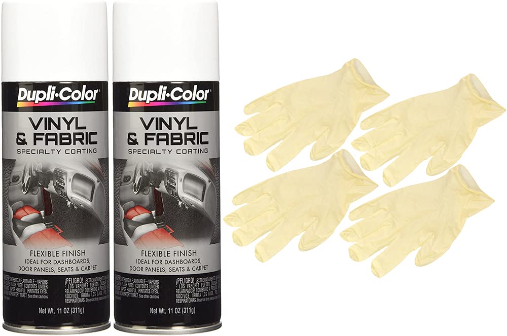 Dupli-Color Gloss White Vinyl & Fabric Spray Paint - 11 oz Can with 6 Latex Gloves - Perfect for Car Seats, Furniture, Shoes & DIY Projects