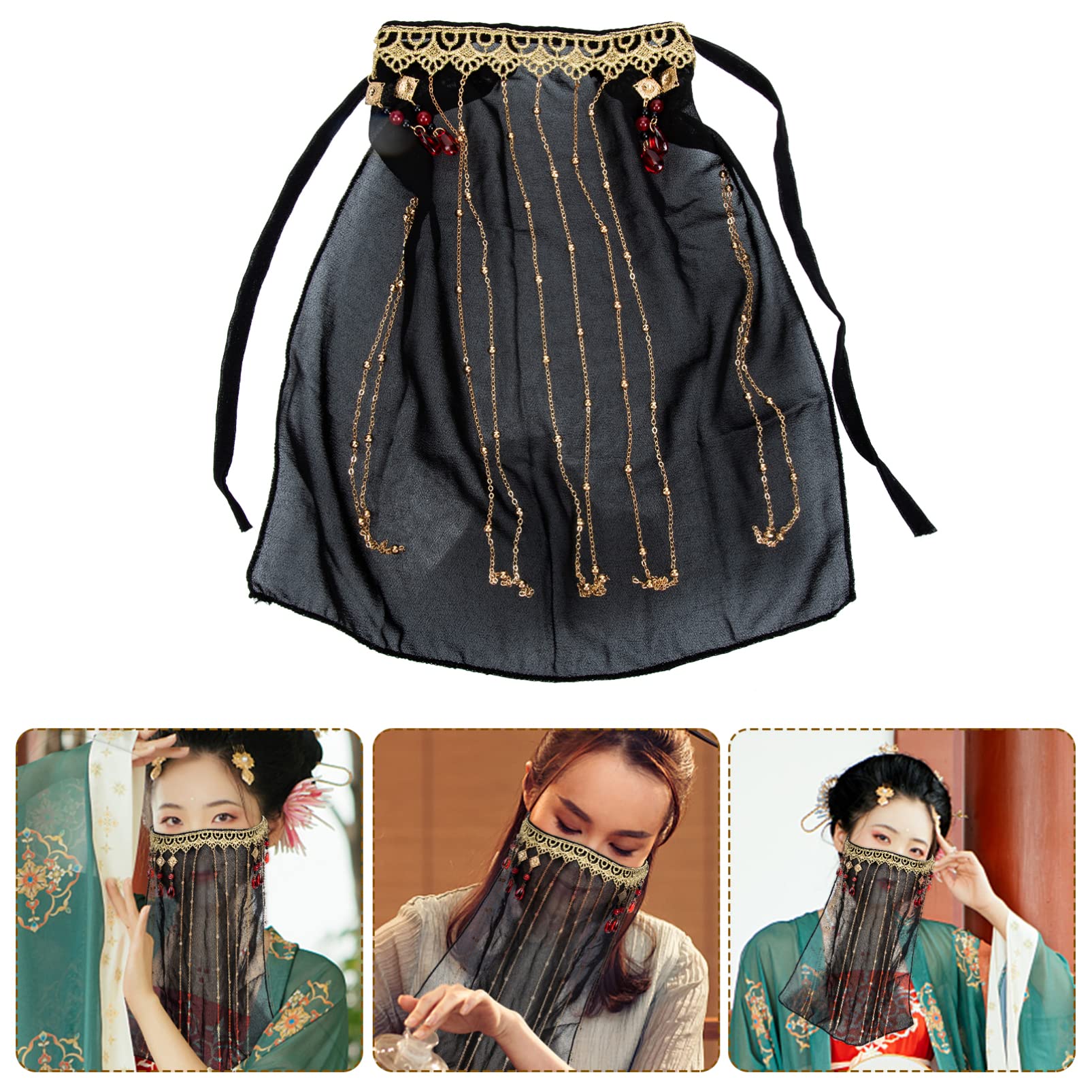 Lurrose Elegant Black Cosplay Veil for Women - Retro Tassel Face Cover Accessory | Hanfu Costume, Renaissance Faire, Gothic Wedding, Victorian Steampunk Outfit