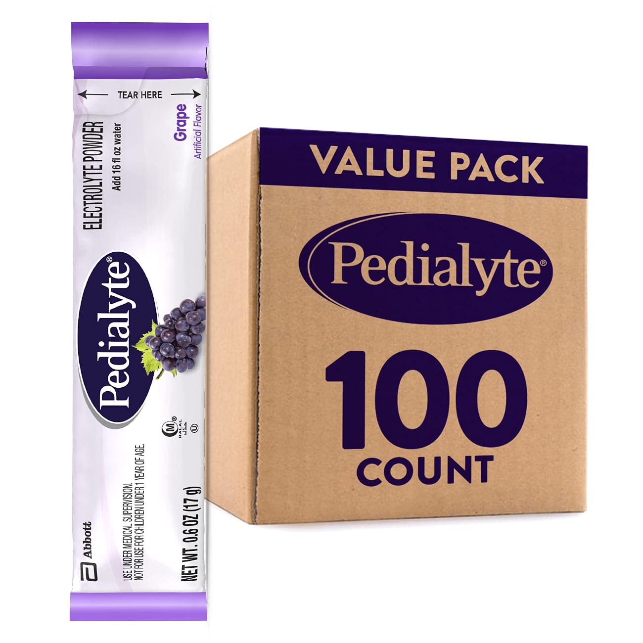 Pedialyte Electrolyte Powder Packets for Hydration - Grape Flavor, 100 Single-Serving Packets - Ideal for Dehydration Relief, Sports Recovery & Travel