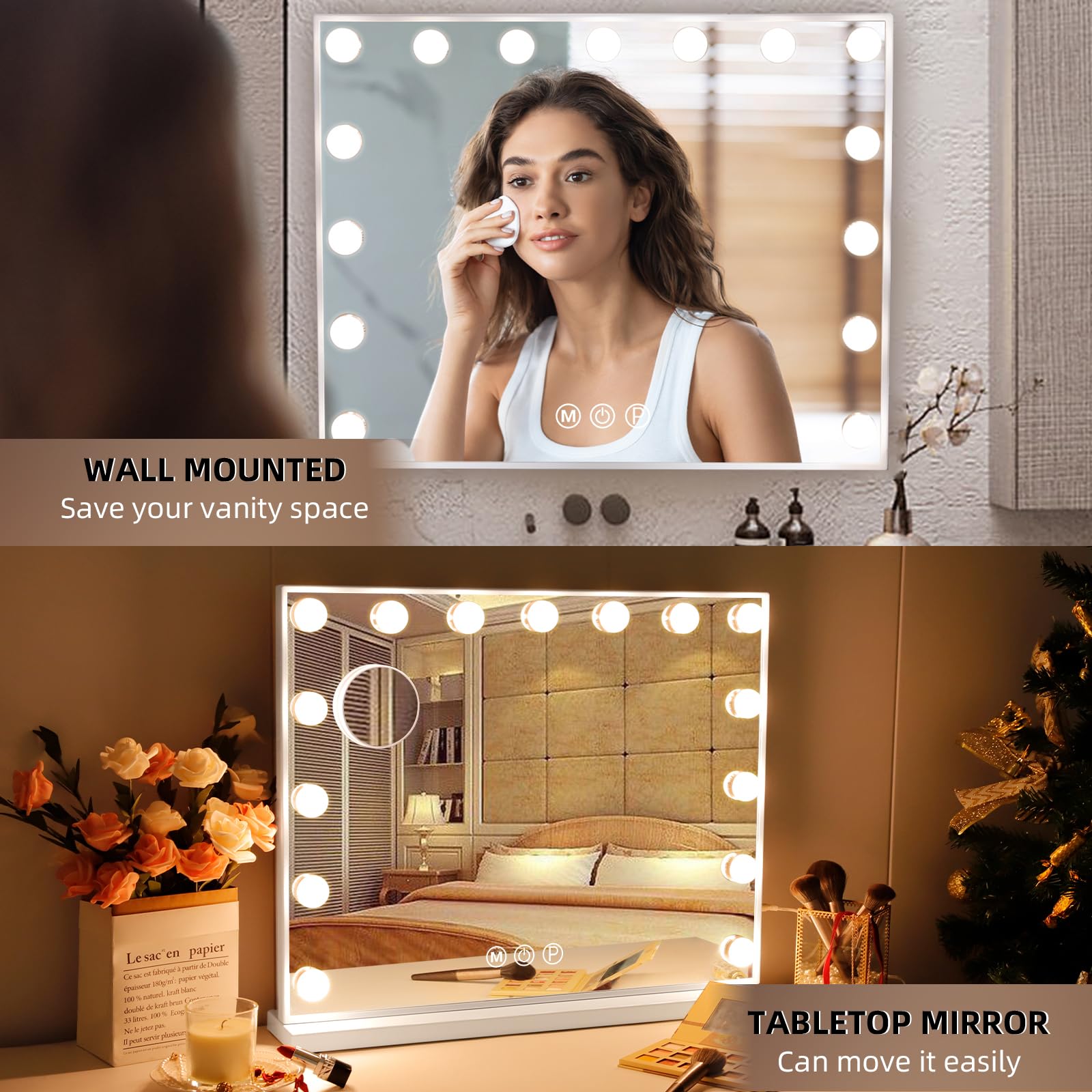 Hansong Large Lighted Vanity Mirror with 15 Dimmable LED Bulbs - Hollywood Style Makeup Mirror for Dressing Table, Wall Mounted or Tabletop, Perfect for Home Salon, Bedroom Decor & Professional Makeup Application