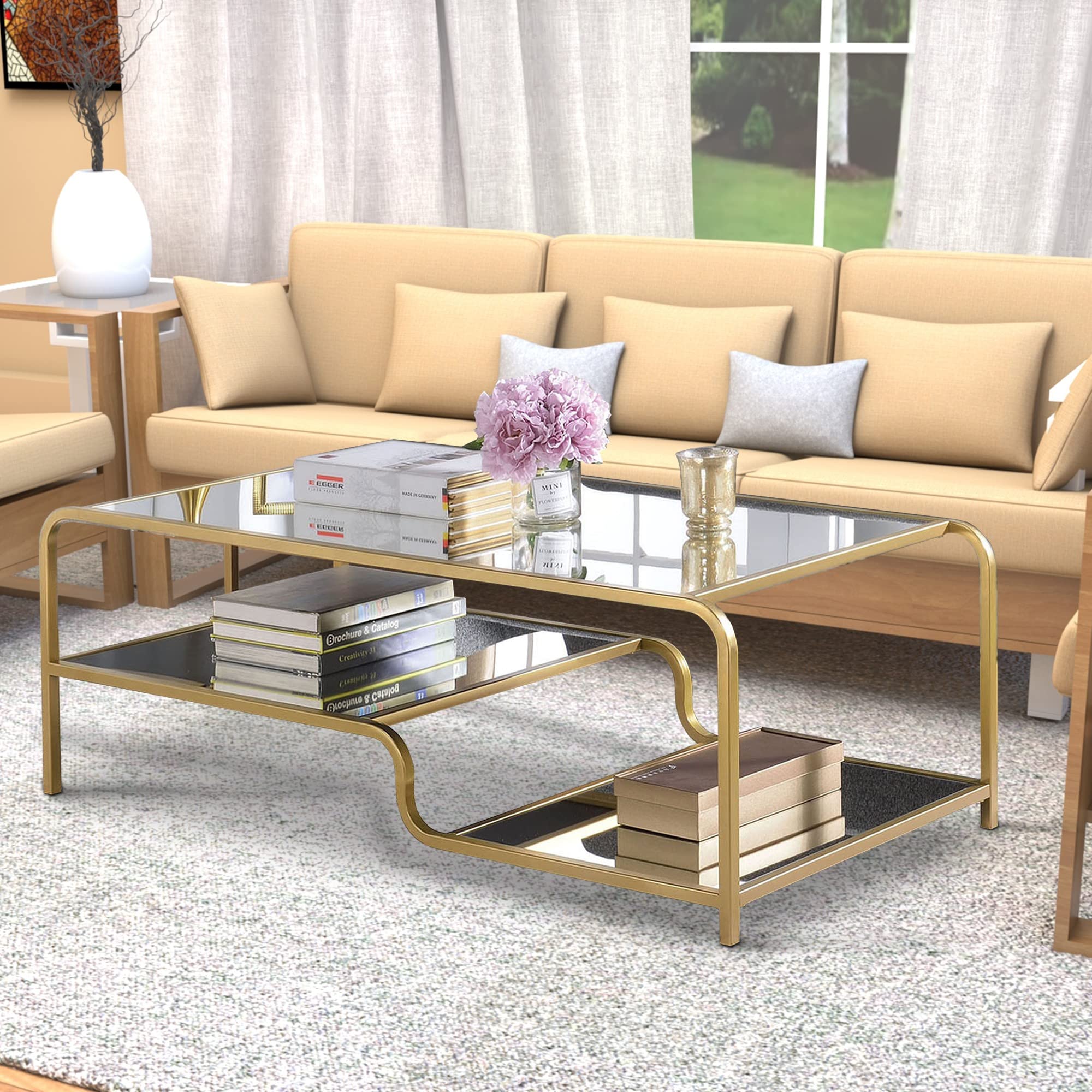 Benjara Gold and Clear Tiered Shelf Mirror Coffee Table - Elegant Living Room Centerpiece for Home Decor & Storage