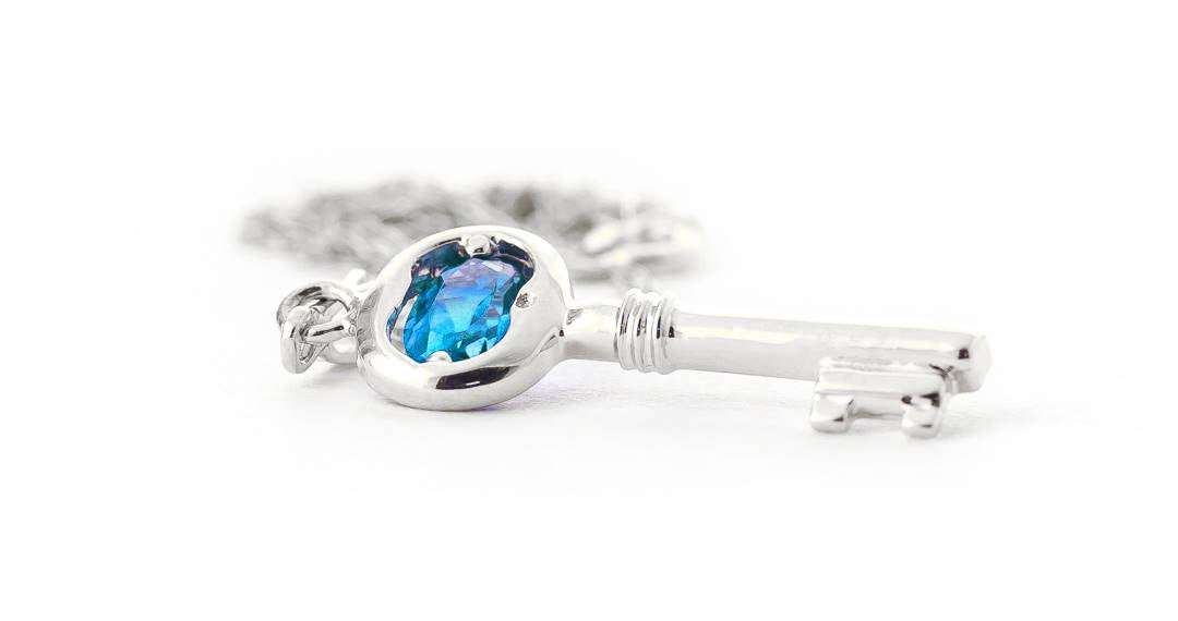 0.5 Carat 14K Solid White Gold Key Charm Necklace with Genuine Blue Topaz - Perfect for Birthdays, Anniversaries & Special Occasions