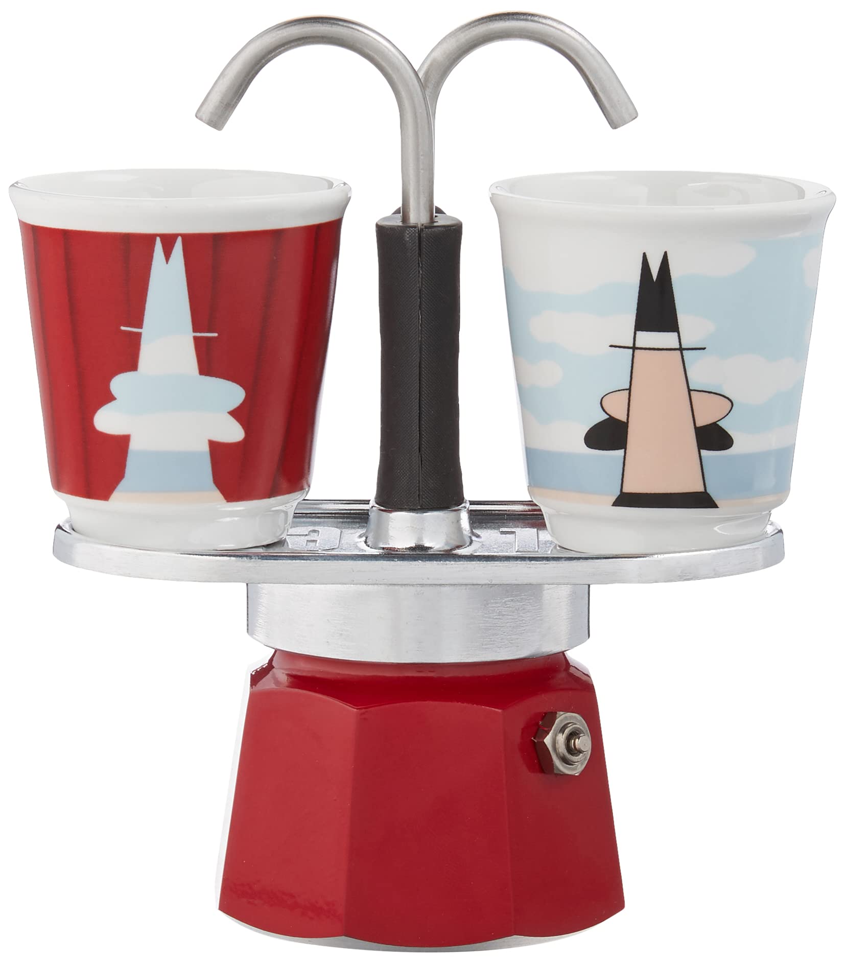 Bialetti Mini Express Magritte 2-Cup Moka Pot Coffee Maker with 2 Shot Glasses - 2.8 Oz Aluminum Stovetop Espresso Maker for Home & Office, Red - Perfect for Espresso Lovers & Small Kitchens