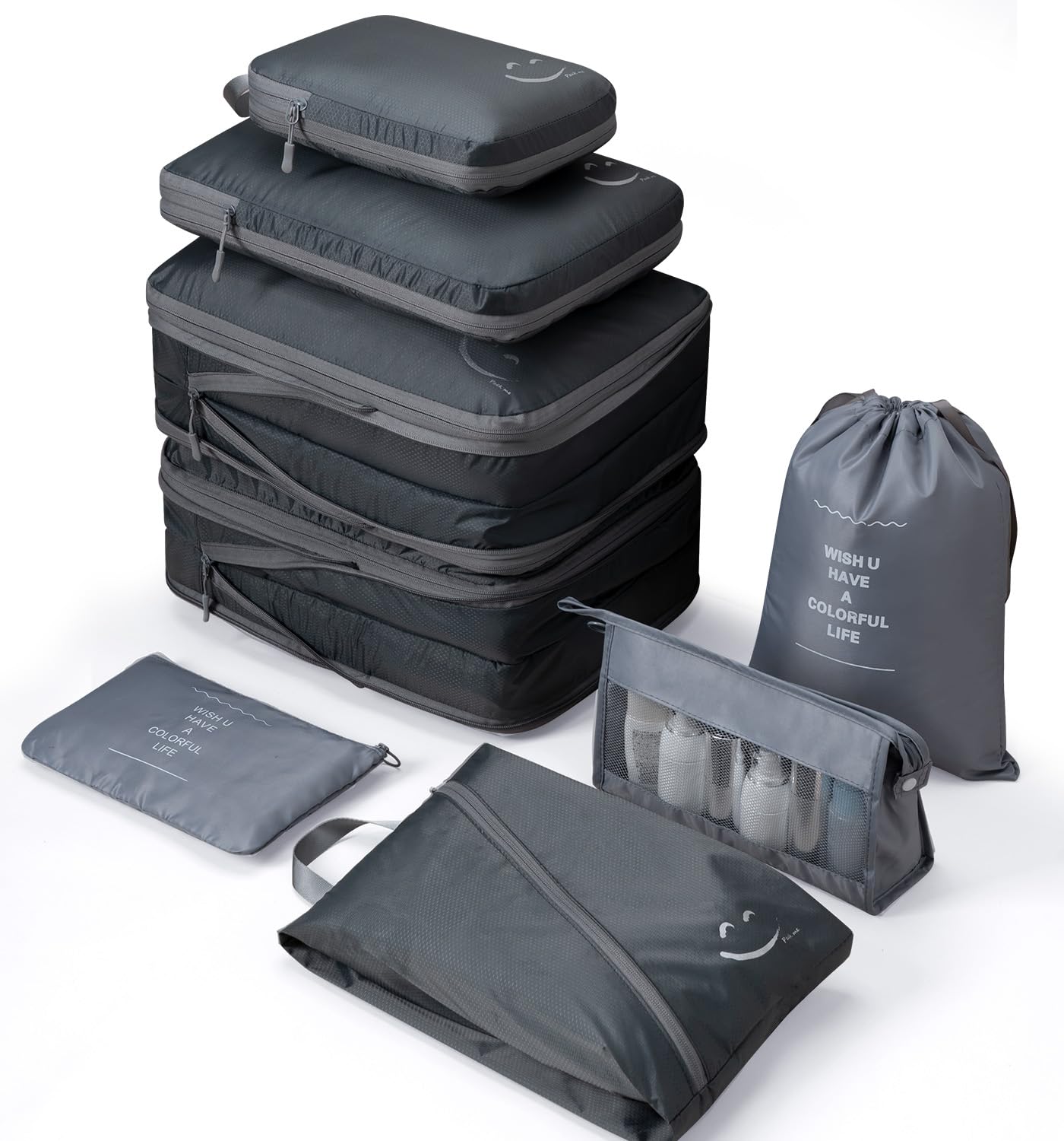 Ultralight Packing Compression Cubes - Large Luggage Organizers for Suitcases | Double Layer Space-Saving & Rip-Resistant Travel Organizer Set with Laundry Bag & Toiletry Bag (Grey, 8-Piece) | Perfect for Business Trips, Vacations & Backpacking