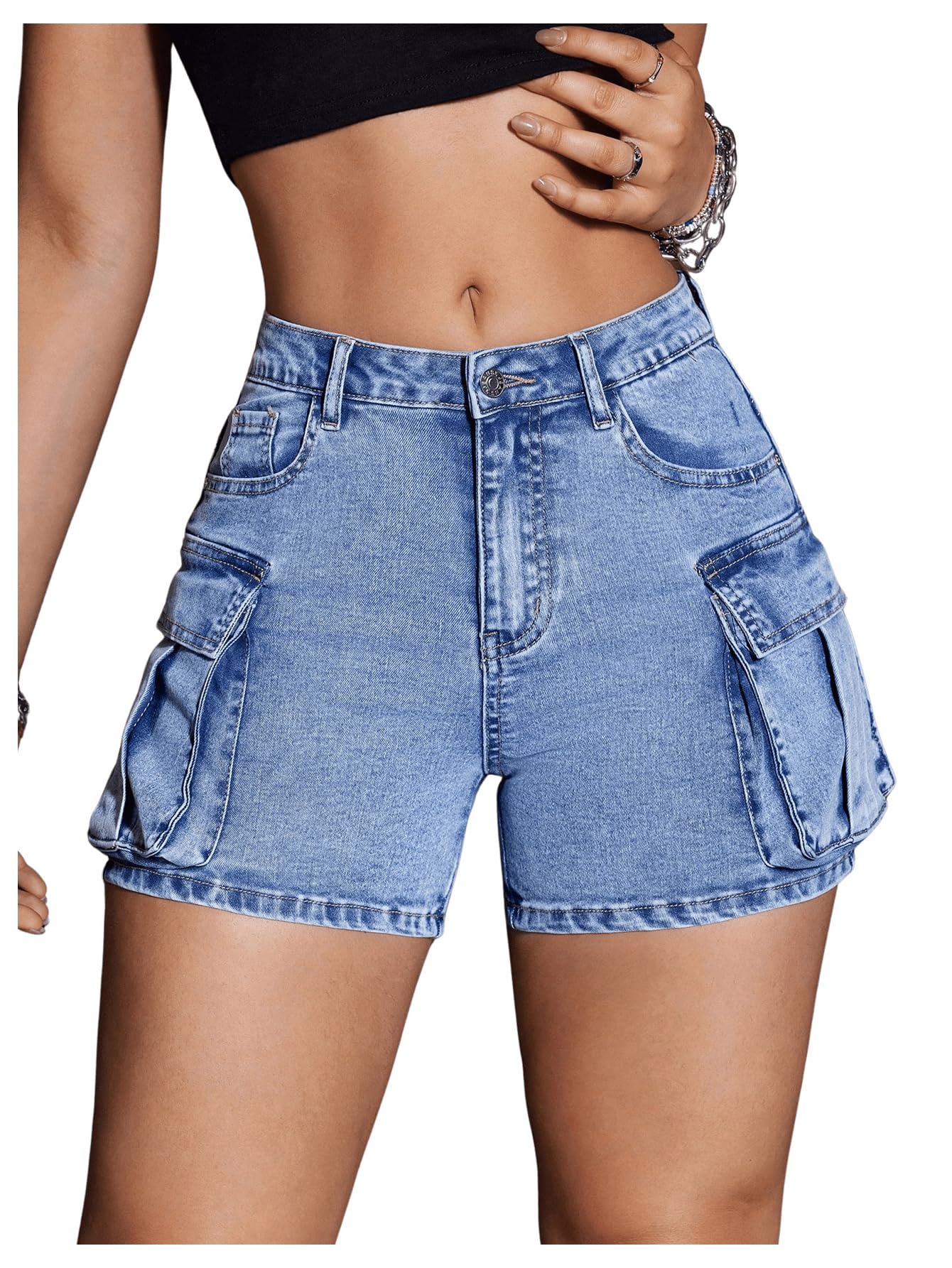 SweatyRocks Women's High Waist Skinny Fit Cargo Shorts with Stretchy Pockets - Comfortable Denim Shorts for Summer, Casual Wear, and Outdoor Activities