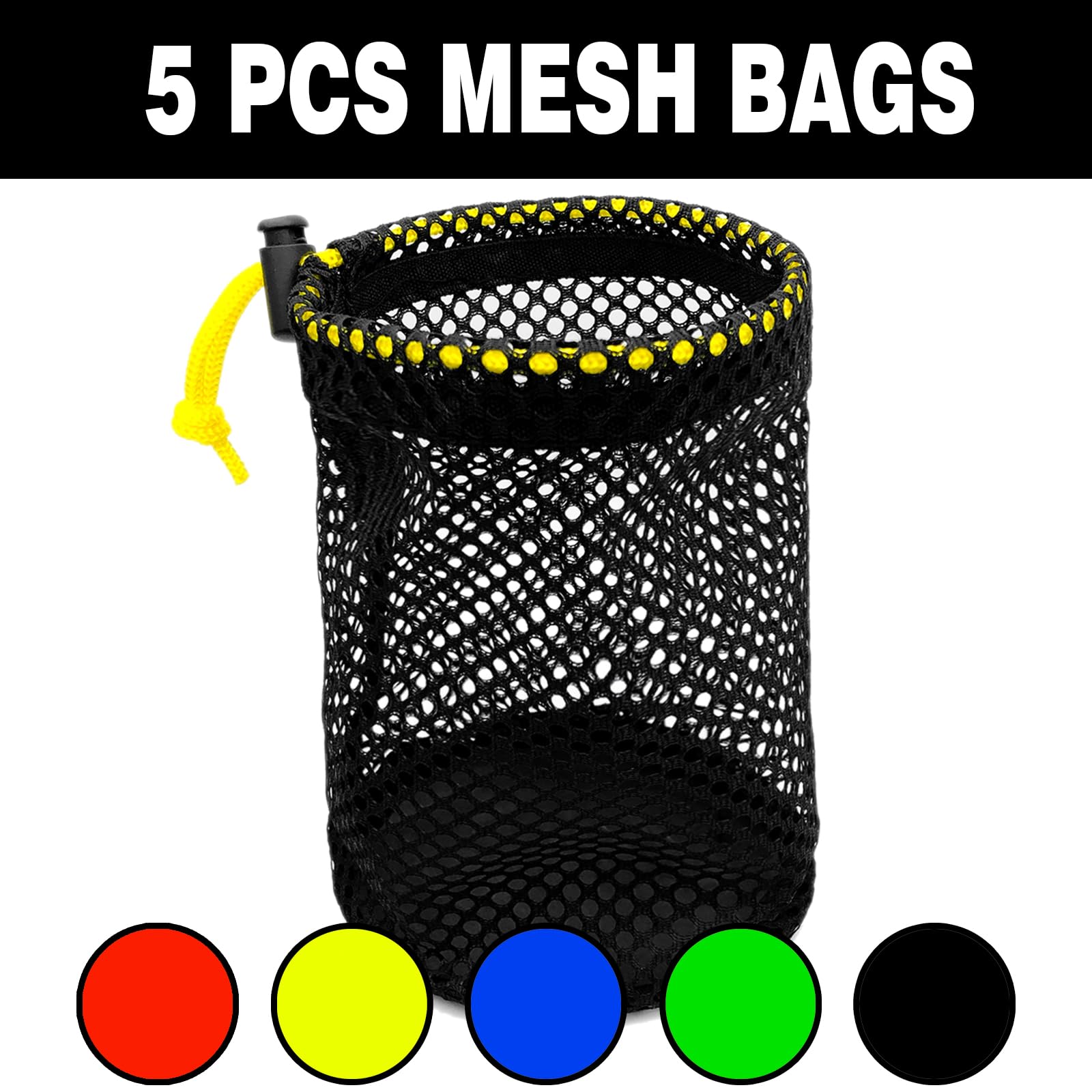 JKL 5-Pack Small Golf Ball Mesh Bags - Durable Nylon Drawstring Storage Pouches for Golf Accessories (Red, Yellow, Blue, Green, Black) - Perfect for Golf Practice, Tournament Organization & Sports Equipment Storage