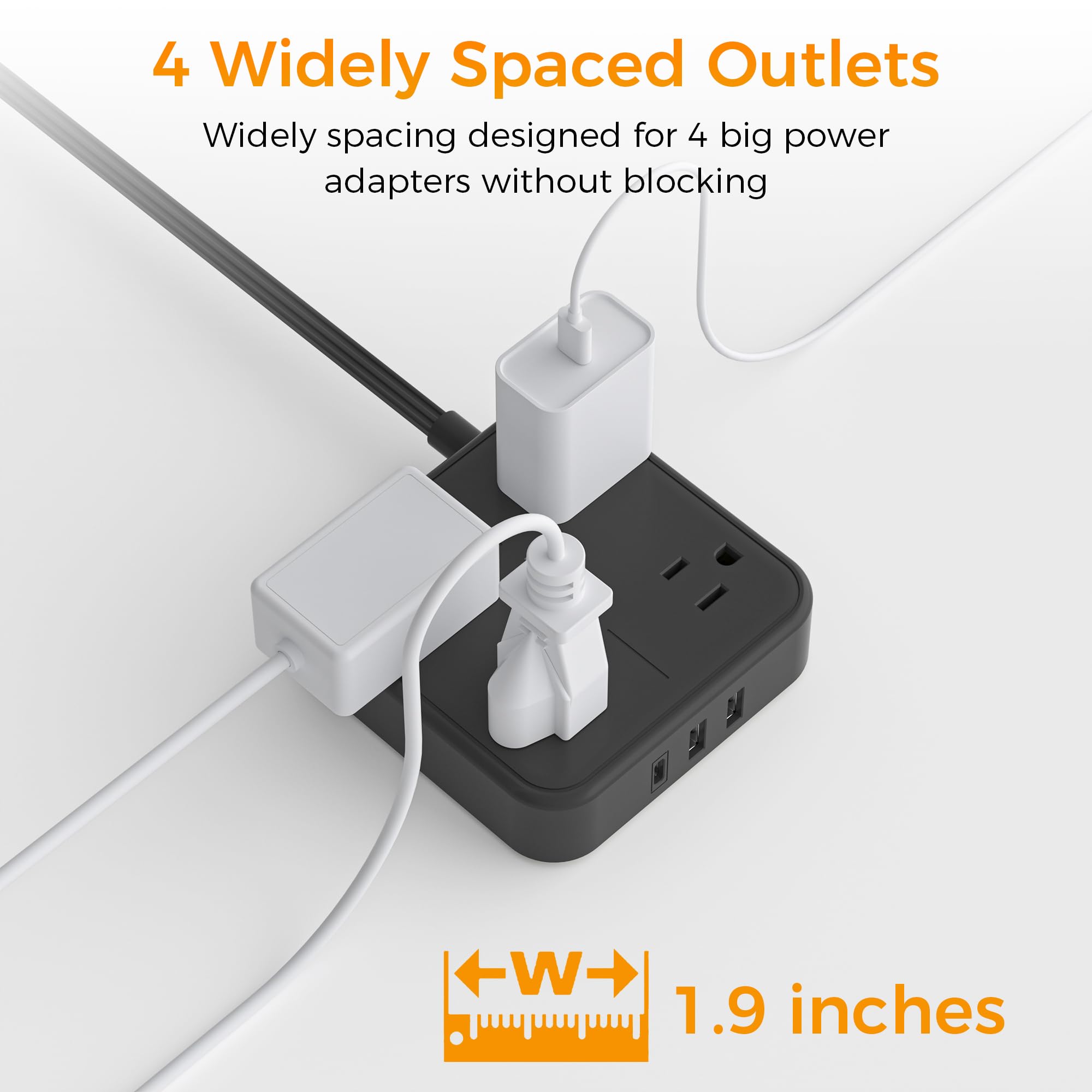 TESSAN 10 FT Black Flat Extension Cord with 4 Outlets & 3 USB Ports (1 USB-C) - Ultra Thin Power Strip for Home, Office, Dorm | Mountable Space-Saving Design for Desks, Bedside & Behind Furniture