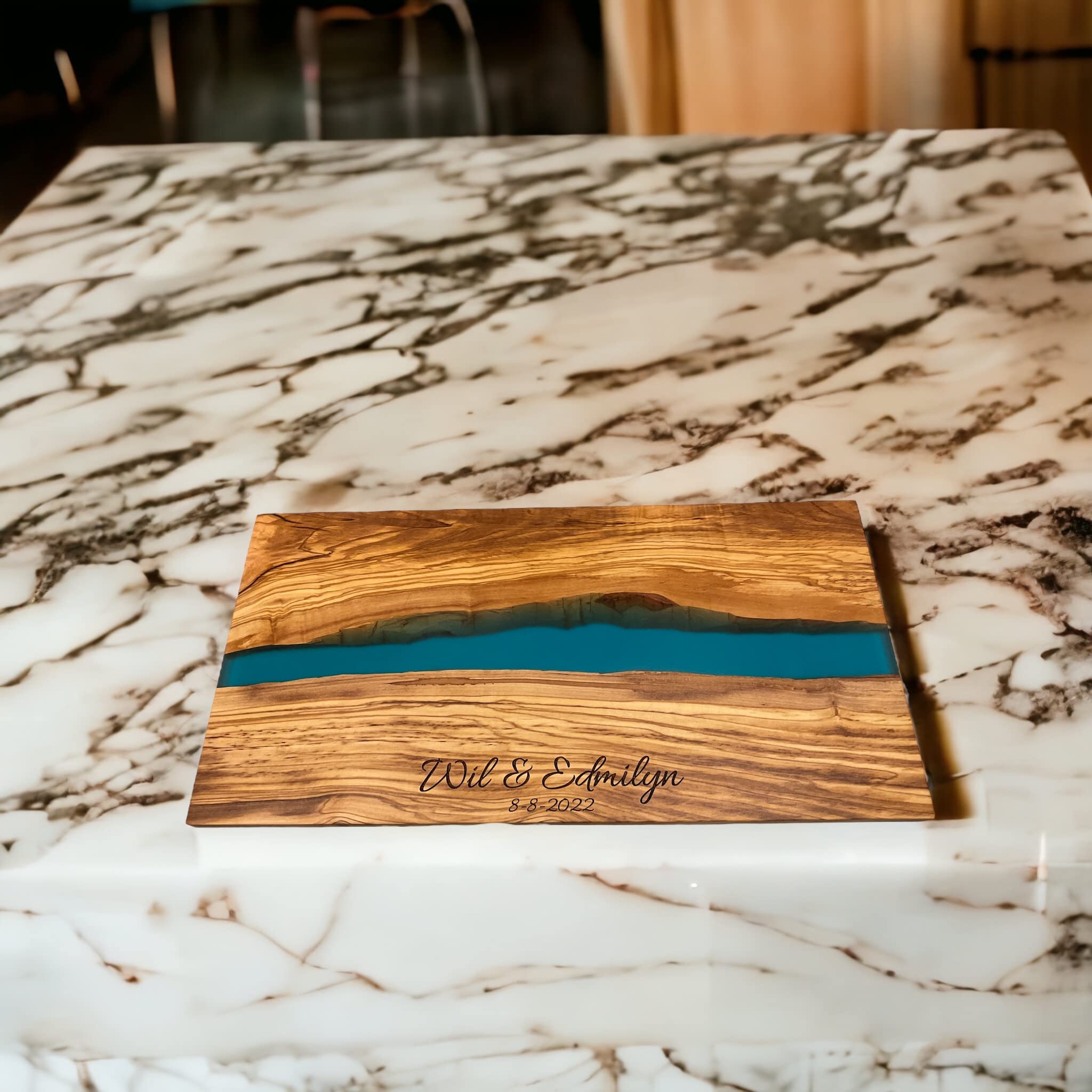 Handmade Personalized Olive Wood and Resin Charcuterie Board - Unique Wedding, Engagement, Anniversary & Housewarming Gift (Elegant Blue) - Perfect for Cheese Platters, Charcuterie Displays & Entertaining Guests