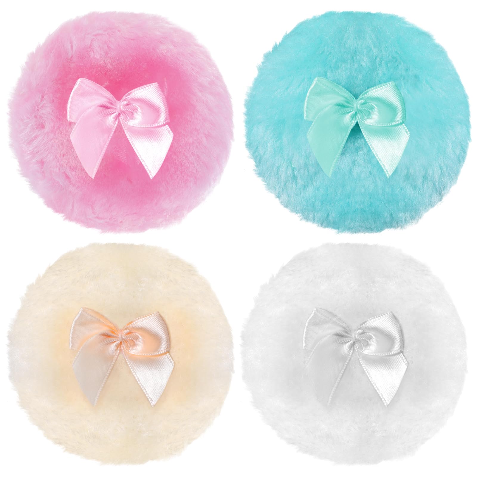 4-Pack Large Fluffy Powder Puffs (3.5 Inch) - Soft Washable Face & Body Makeup Puffs with Ribbon Bow Handle - Reusable Round Loose Powder Applicator for Kids & Adults (4 Colors) | Perfect for Setting Powder, Foundation & Body Makeup Application