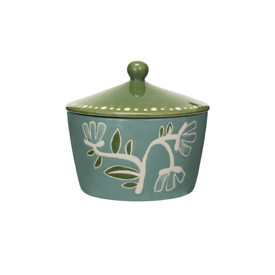 Premium Green Stoneware Floral Canister Set - Airtight Kitchen Storage for Tea, Coffee & Dry Goods | Perfect for Pantry Organization & Home Decor