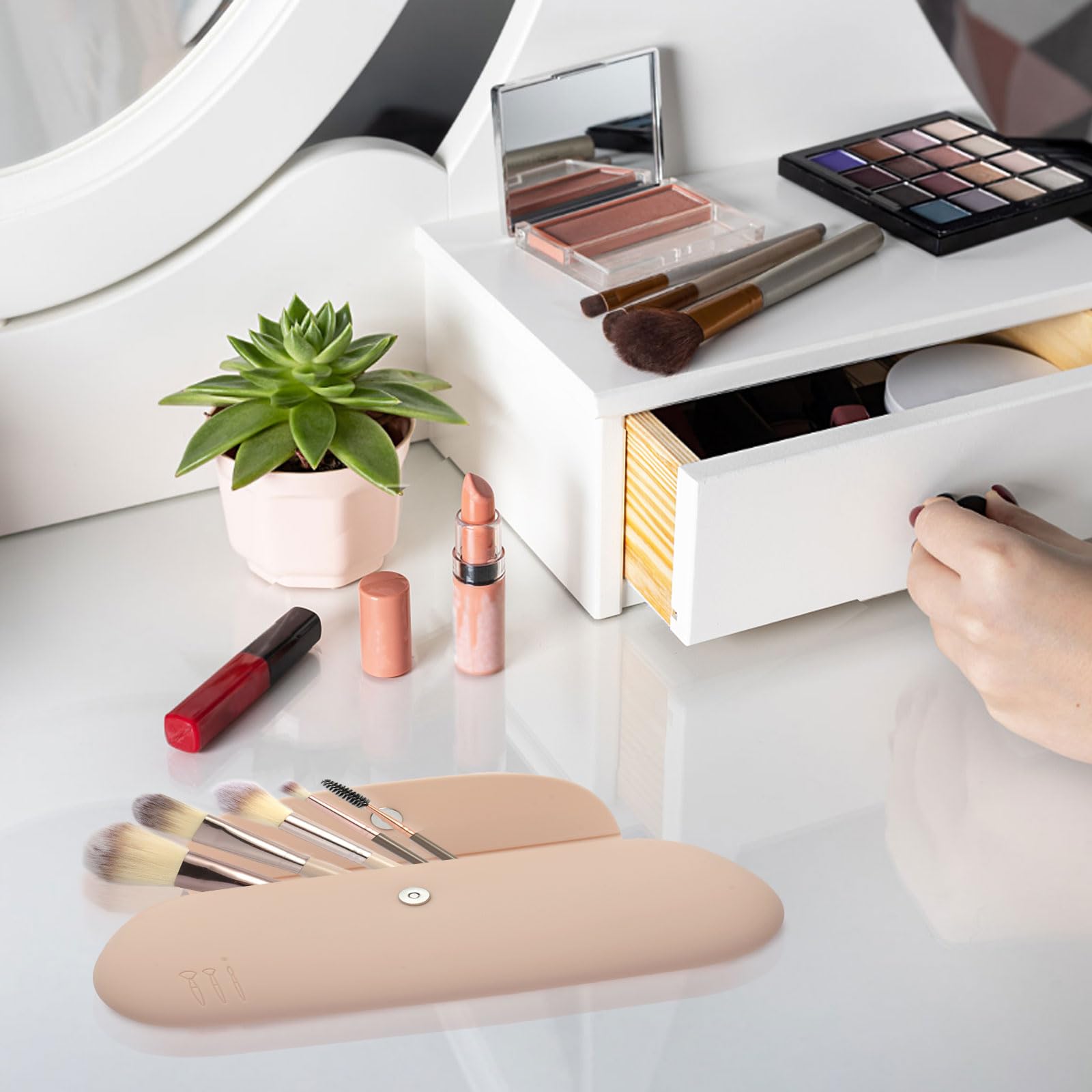 Premium Silicone Makeup Brush Holder for Travel - Large Capacity Waterproof Cosmetic Brush Organizer with Anti-Fall Magnetic Closure (Khaki) | Perfect for Makeup Artists & On-the-Go Touch Ups