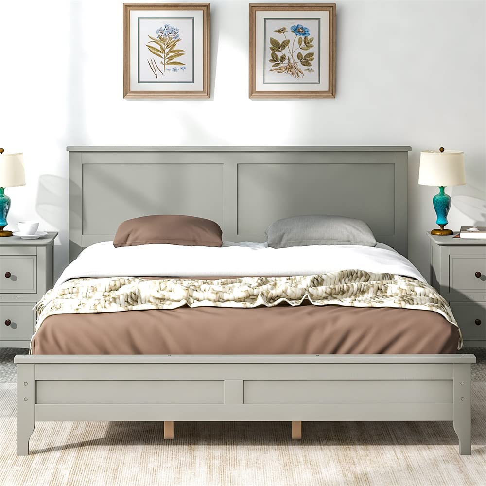 Queen Size Gray Solid Wood Platform Bed Frame with Headboard - Sturdy Wood Slat Support for Mattress, No Box Spring Needed - Perfect for Adults, Teens & Guest Rooms