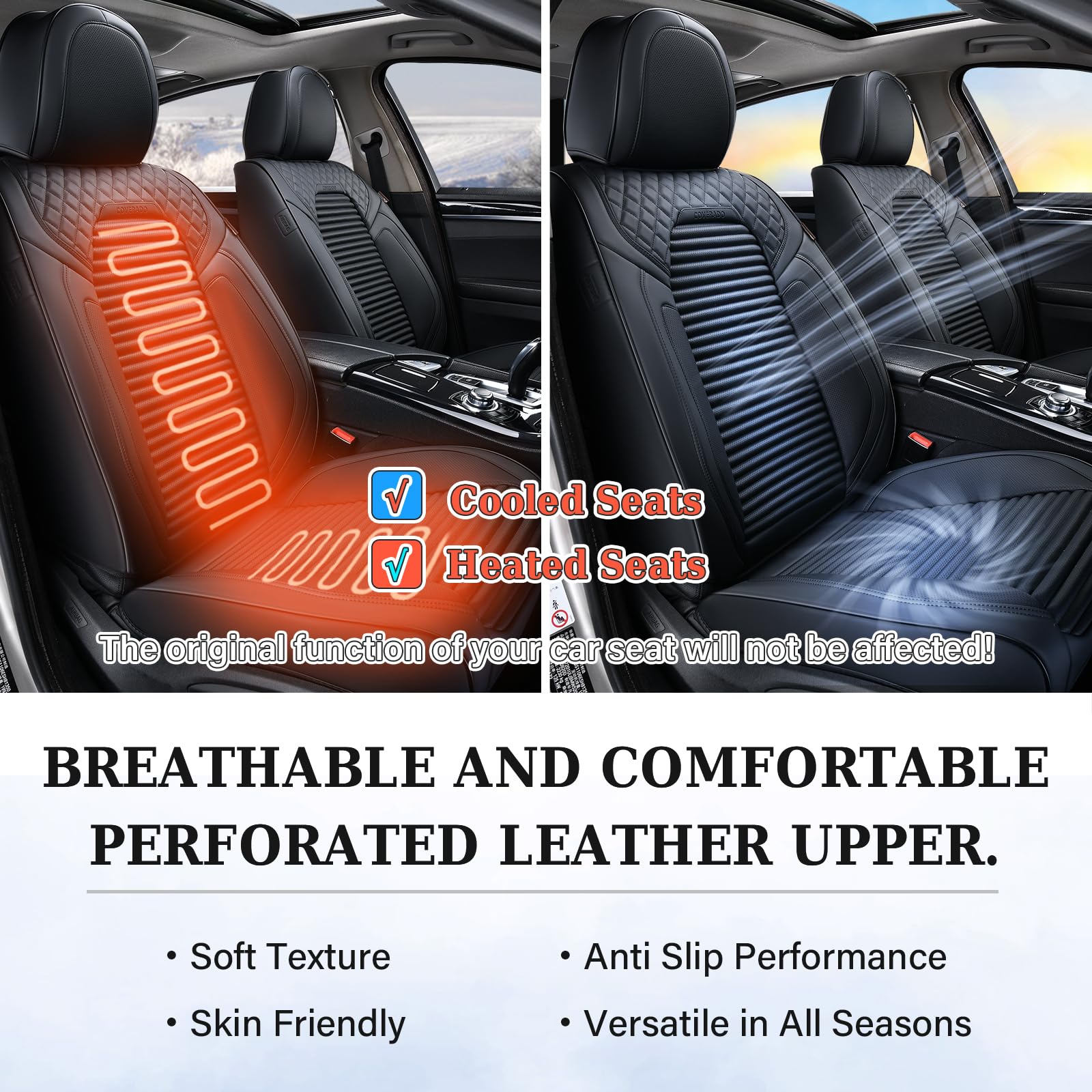 Premium Leather Front Seat Covers for Cars & SUVs - Universal Fit Black Car Seat Protectors with Red Stitching | Durable & Stylish for Daily Commute, Road Trips & Family Travel