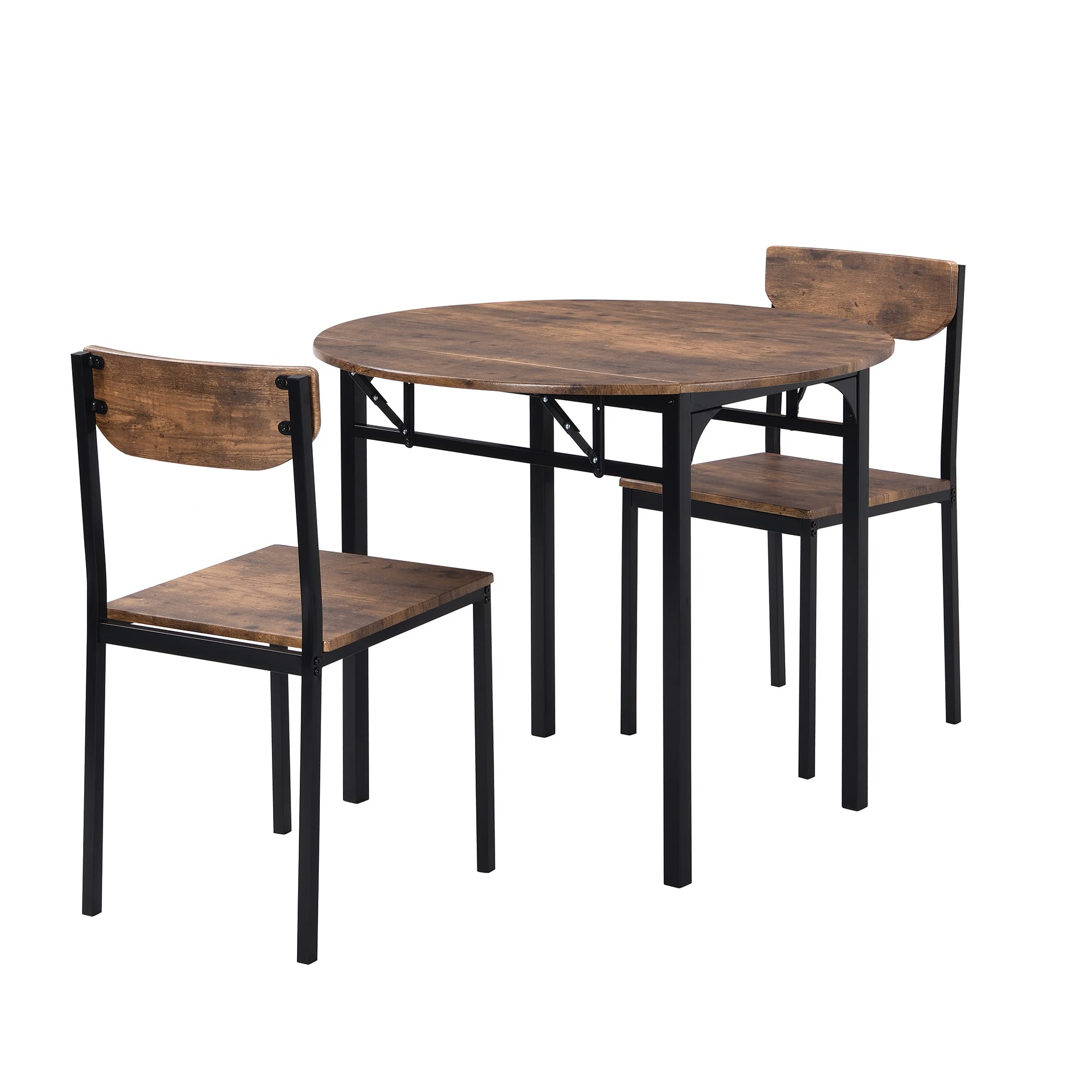 Modern 3-Piece Round Drop Leaf Dining Table Set with 2 Chairs - Rustic Brown Iron Frame Counter Height Kitchen Dinette - Perfect for Small Spaces, Breakfast Nooks & Cozy Apartments