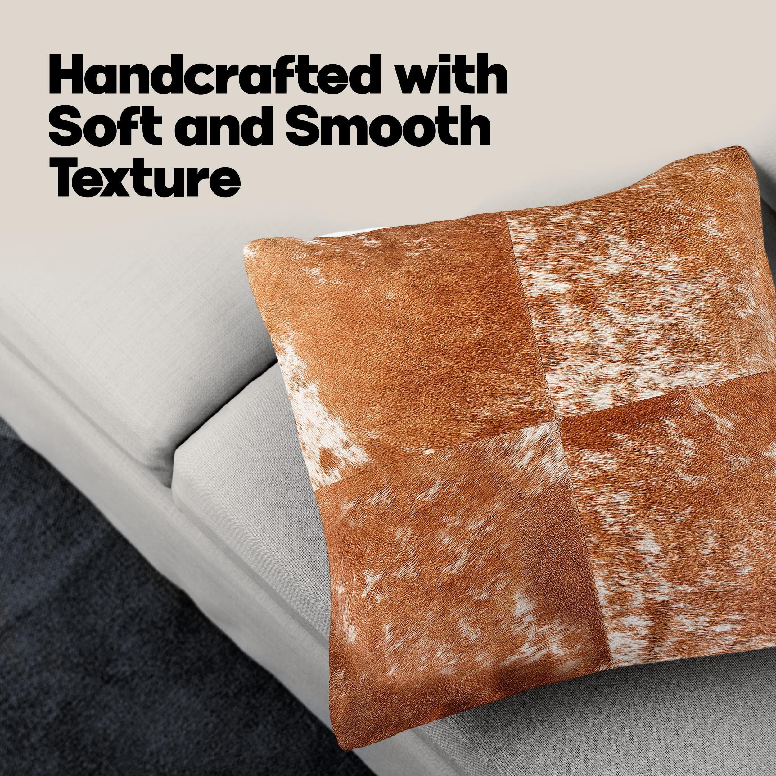 Premium 18x18 Inch Natural Torino Cowhide Throw Pillows with Polyester Insert | Handmade 100% Genuine Leather Decorative Accent Pillows in Brown/White | Perfect for Sofa, Bed, Living Room & Home Decor