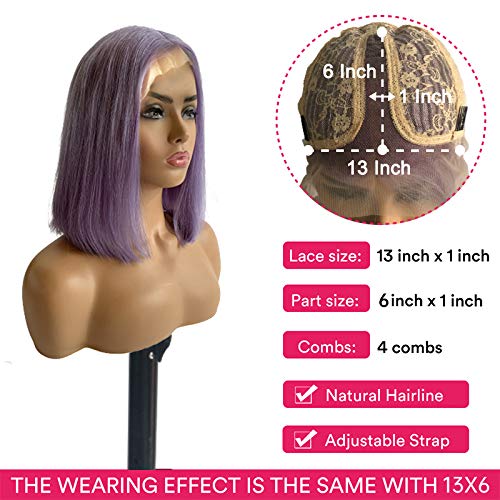 Light Purple Human Hair Bob Wig - Glueless Pre Plucked 13x4 HD Lace Front with 180% Density - Remy Hair Transparent Wig in Lilac Straight 14 Inch with Bleached Knots - Middle Part Purple Bob Wig for Women - Perfect for Cosplay, Daily Wear & Special Occasions