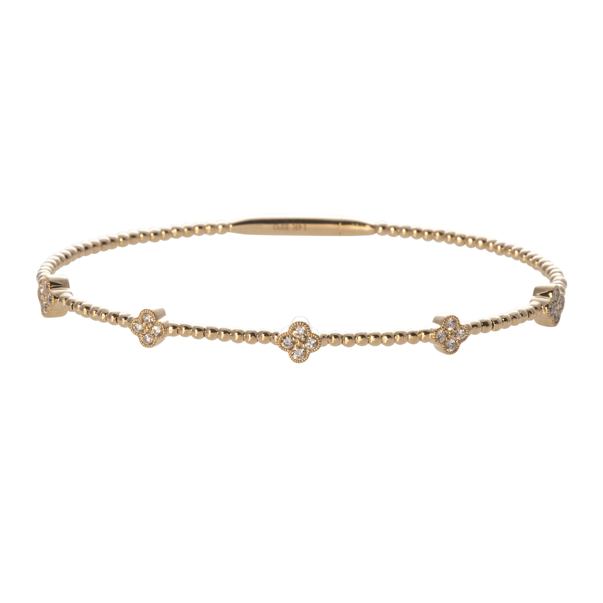 14K Yellow Gold Diamond Quad 5 Station Beaded Flexible Bangle Bracelet - Perfect for Weddings, Anniversaries & Special Occasions