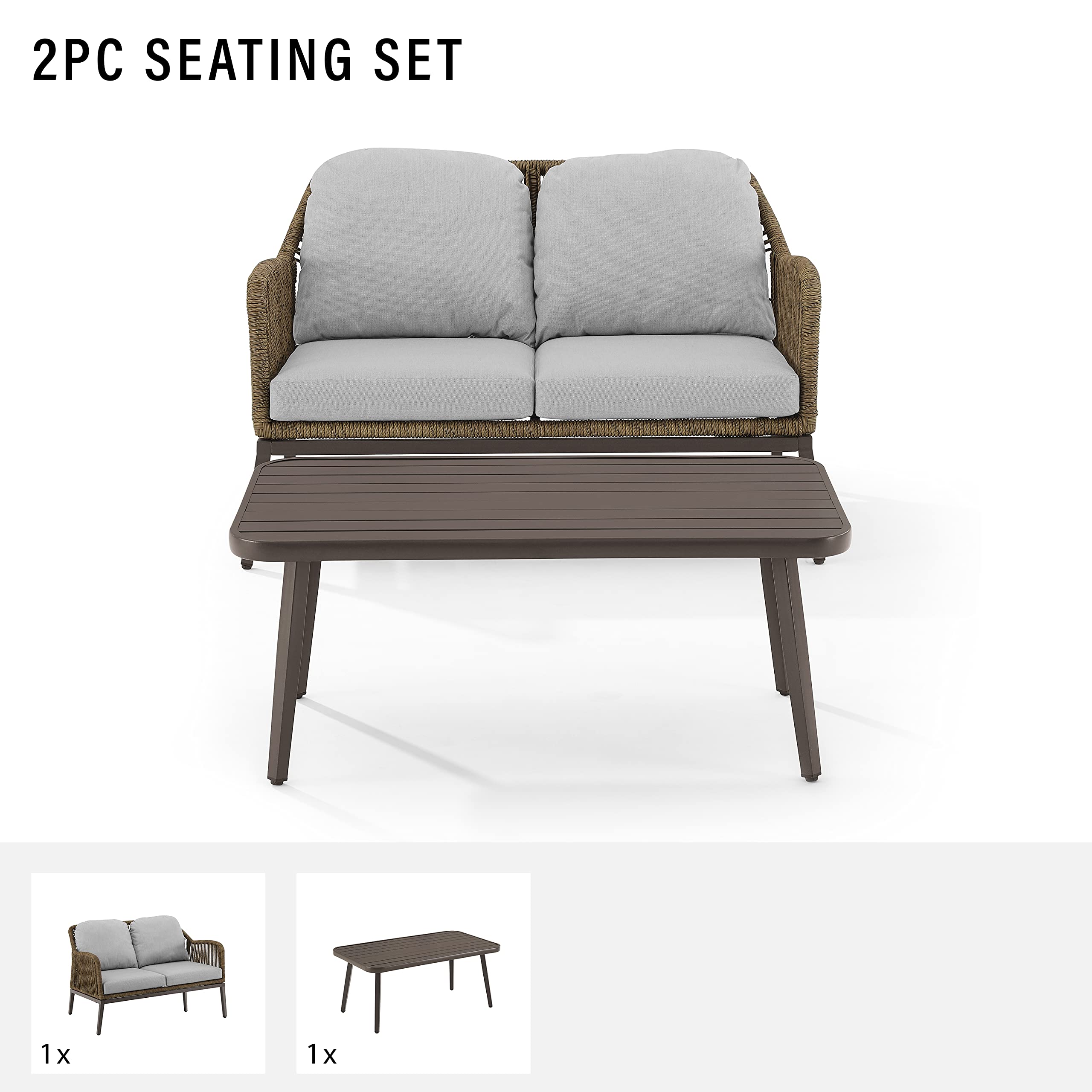 Crosley Furniture Haven 2-Piece Wicker Outdoor Coffee Table and Loveseat Set - Light Brown Patio Furniture with Gray Cushions for Porch, Garden & Backyard Relaxation
