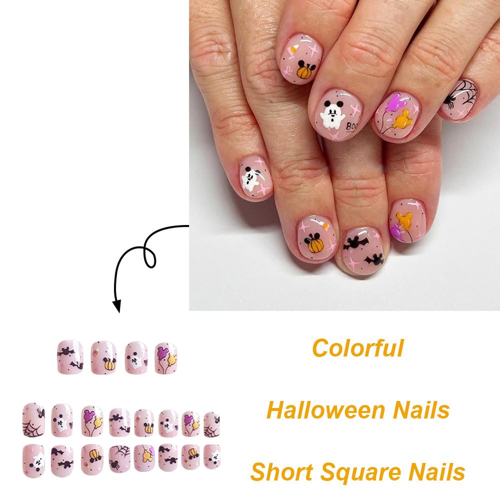 24Pcs Halloween Press on Nails - Short Ghost Pumpkin Fake Nails with Balloon Bat Design, Square Glossy Full Cover Nail Tips with Glue - Acrylic Nail Kits for Women and Girls - Perfect for Halloween Parties, Costume Events and Spooky Nail Art