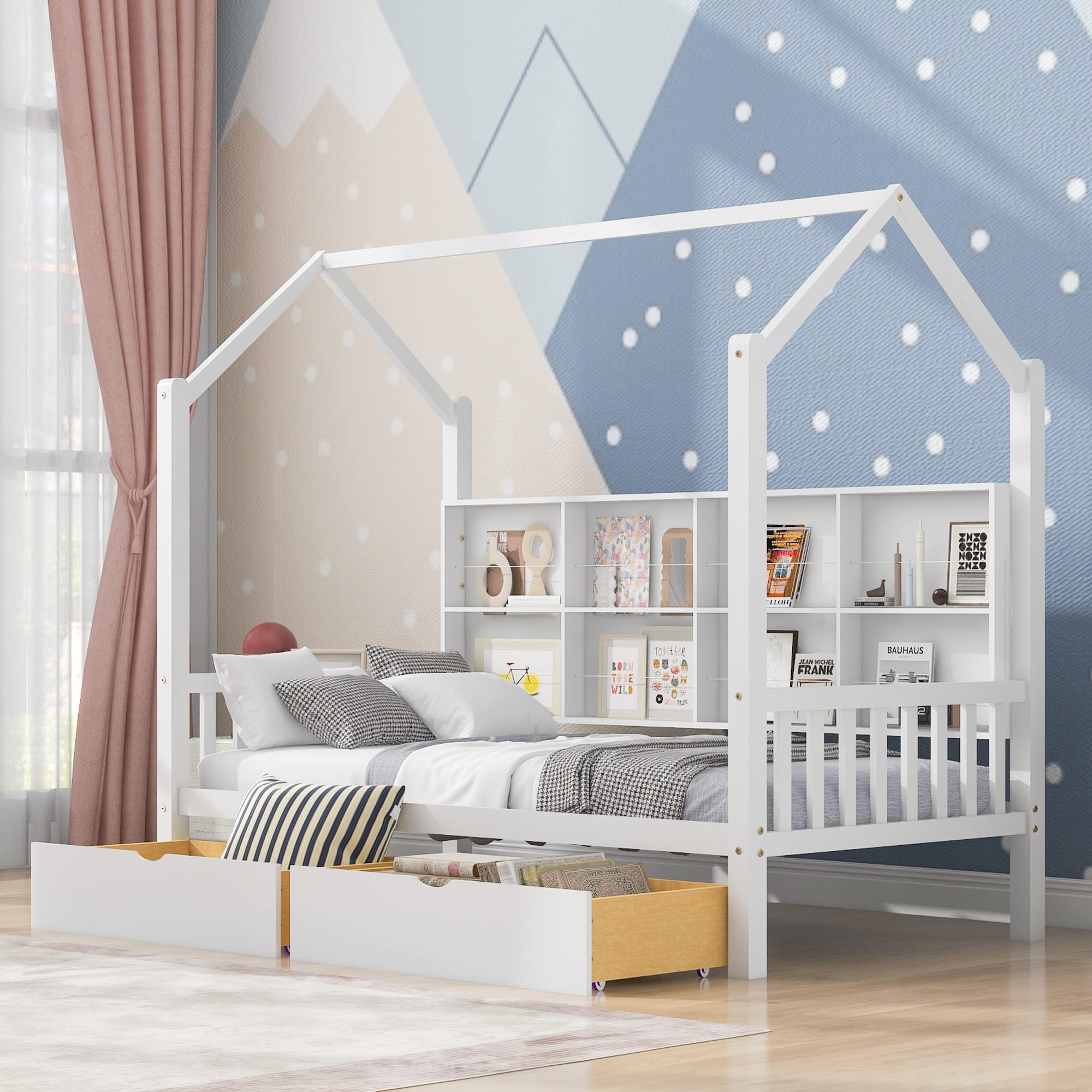 Montessori Twin House Bed with 2 Drawers & Storage Shelves - Solid Wood Playhouse Bed Frame with Roof Tent for Kids, Teens, Boys & Girls - Perfect for Bedroom Decor, Playtime & Sleepovers (White, Twin Size)
