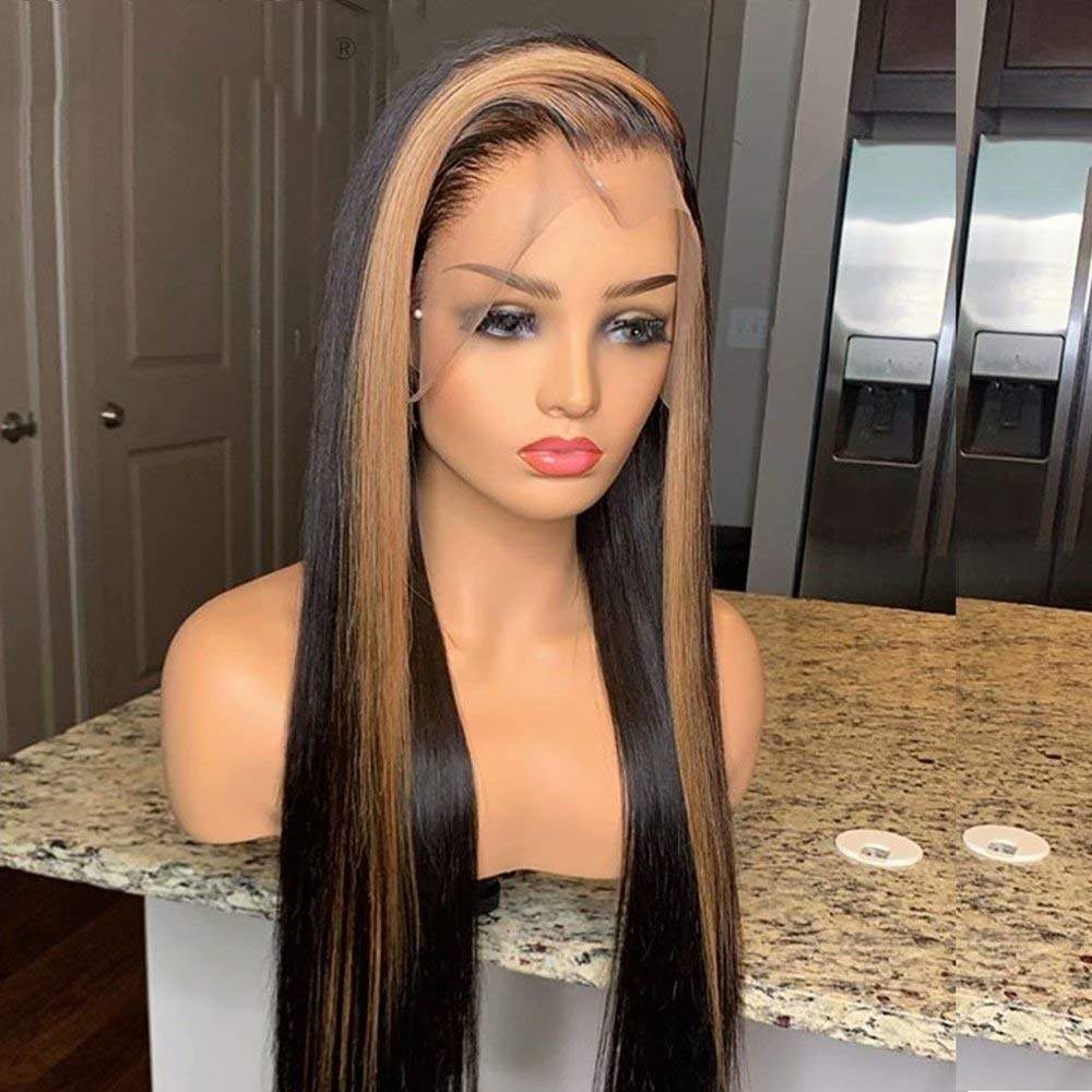 13x6 HD Transparent Lace Front Wig - Ombre Highlights Brazilian Virgin Human Hair | Pre-Plucked with Baby Hair & Bleached Knots | Straight Human Hair Wig for Women | Perfect for Daily Wear, Cosplay & Special Events