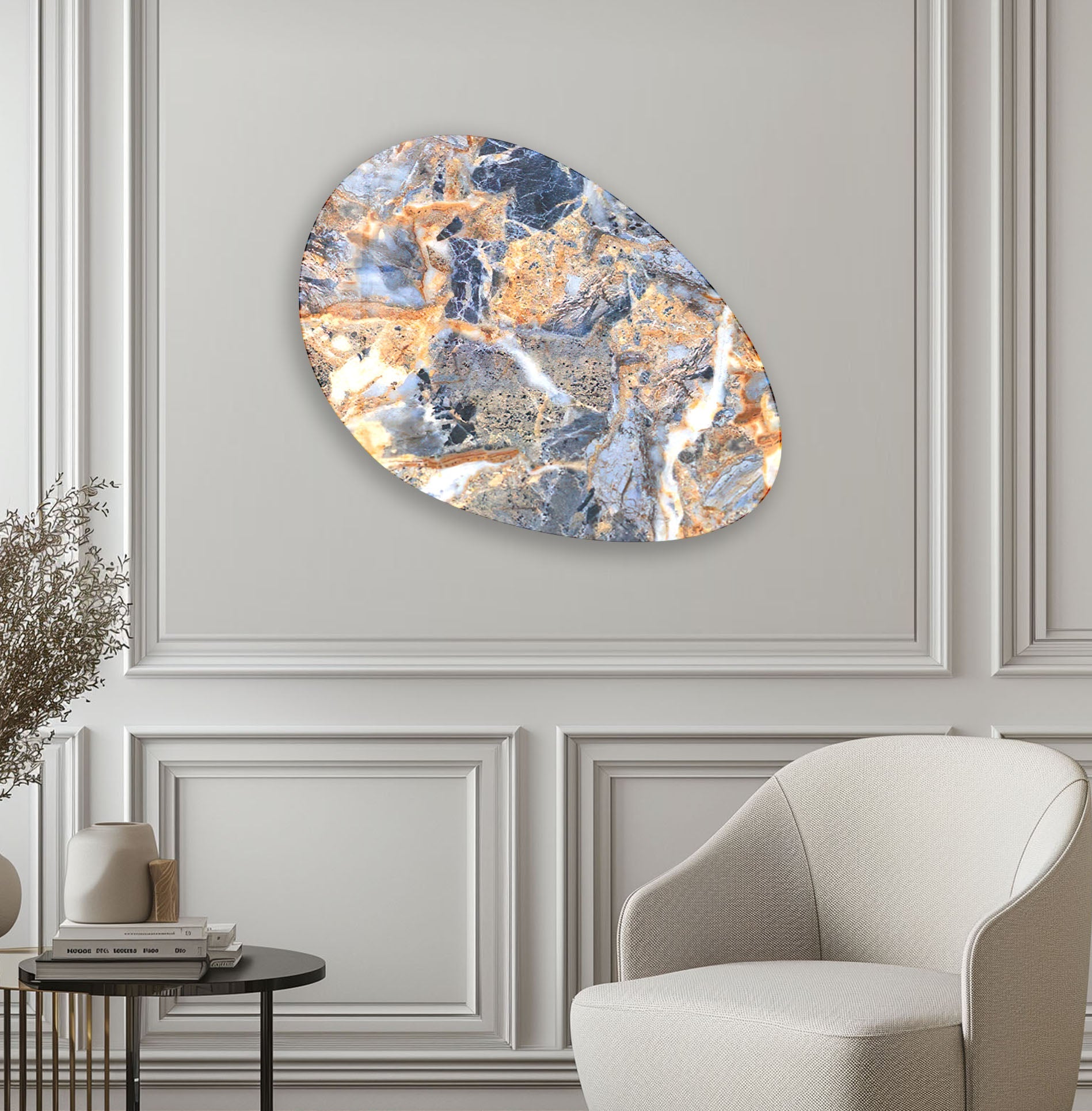 Blue Marble Pattern Oval Glass Wall Art - Modern Home Decor for Living Room, Bedroom & Office | Elegant Handmade Glass Artwork