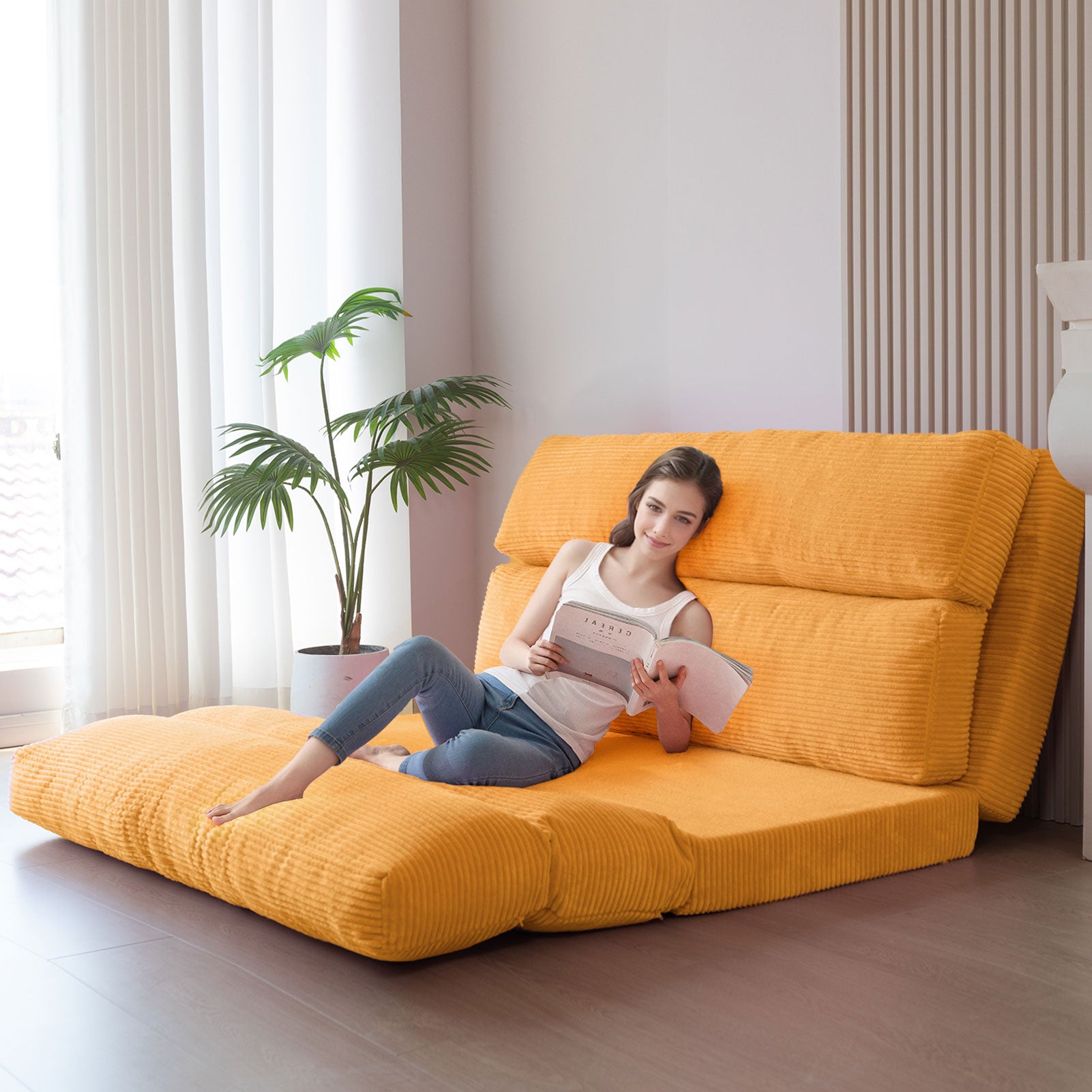 MAXYOYO Corduroy Extra Wide Foldable Bean Bag Sofa Bed - Convertible Floor Mattress for Living Room, Bedroom & Guest Room (Orange)