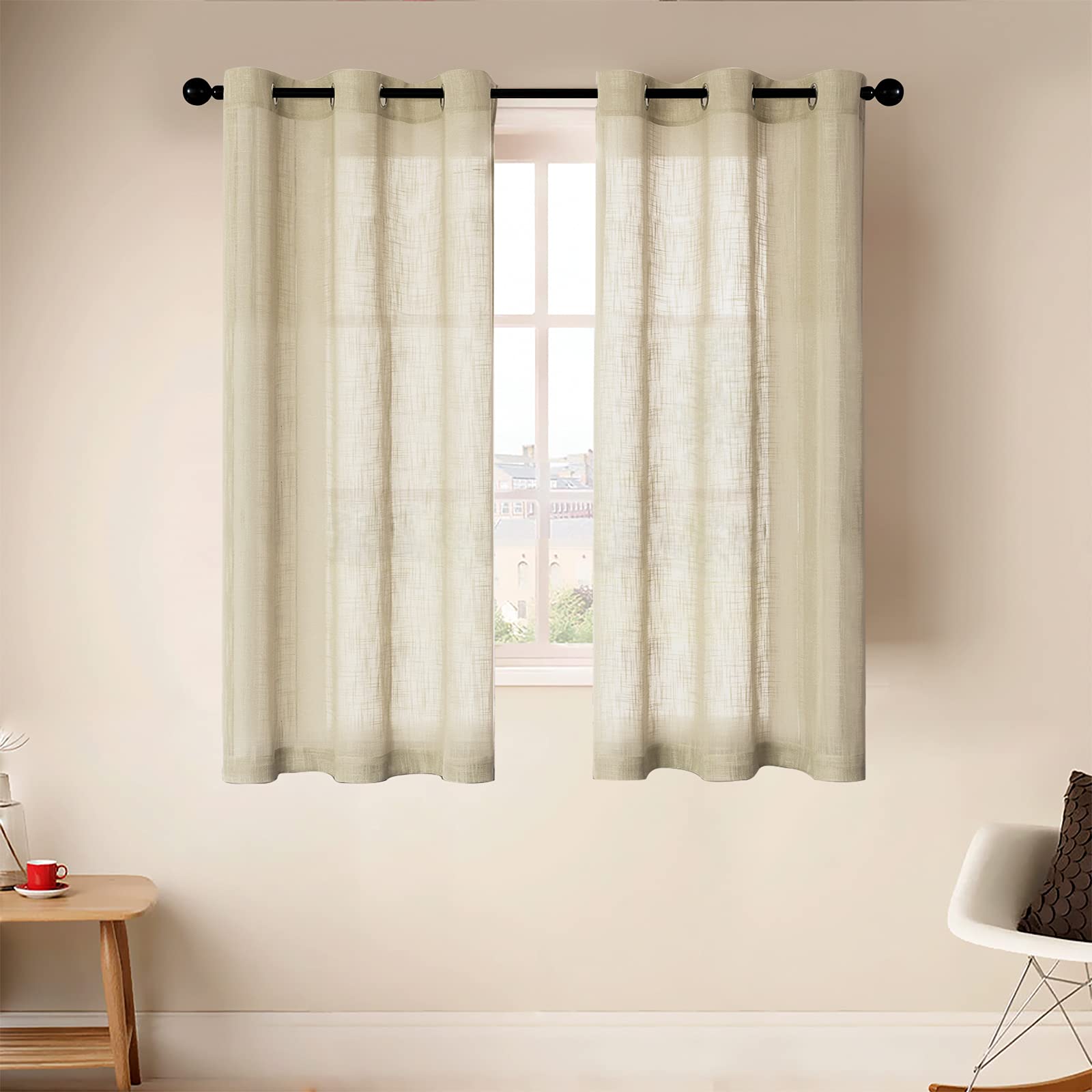 Sheer Linen Bathroom & Kitchen Curtains - Short Window Treatment with Grommet Top, 2 Panels (42