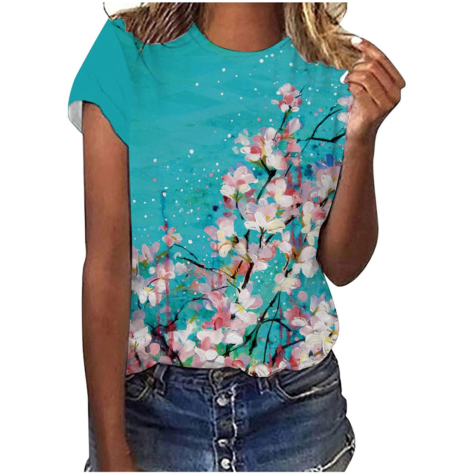 Women's Summer Tops - Floral Print Round Neck Short Sleeve T-Shirts | Casual Basic Tee Shirts & Blouses | Perfect for Beach Outings, Vacation Wear & Everyday Comfort
