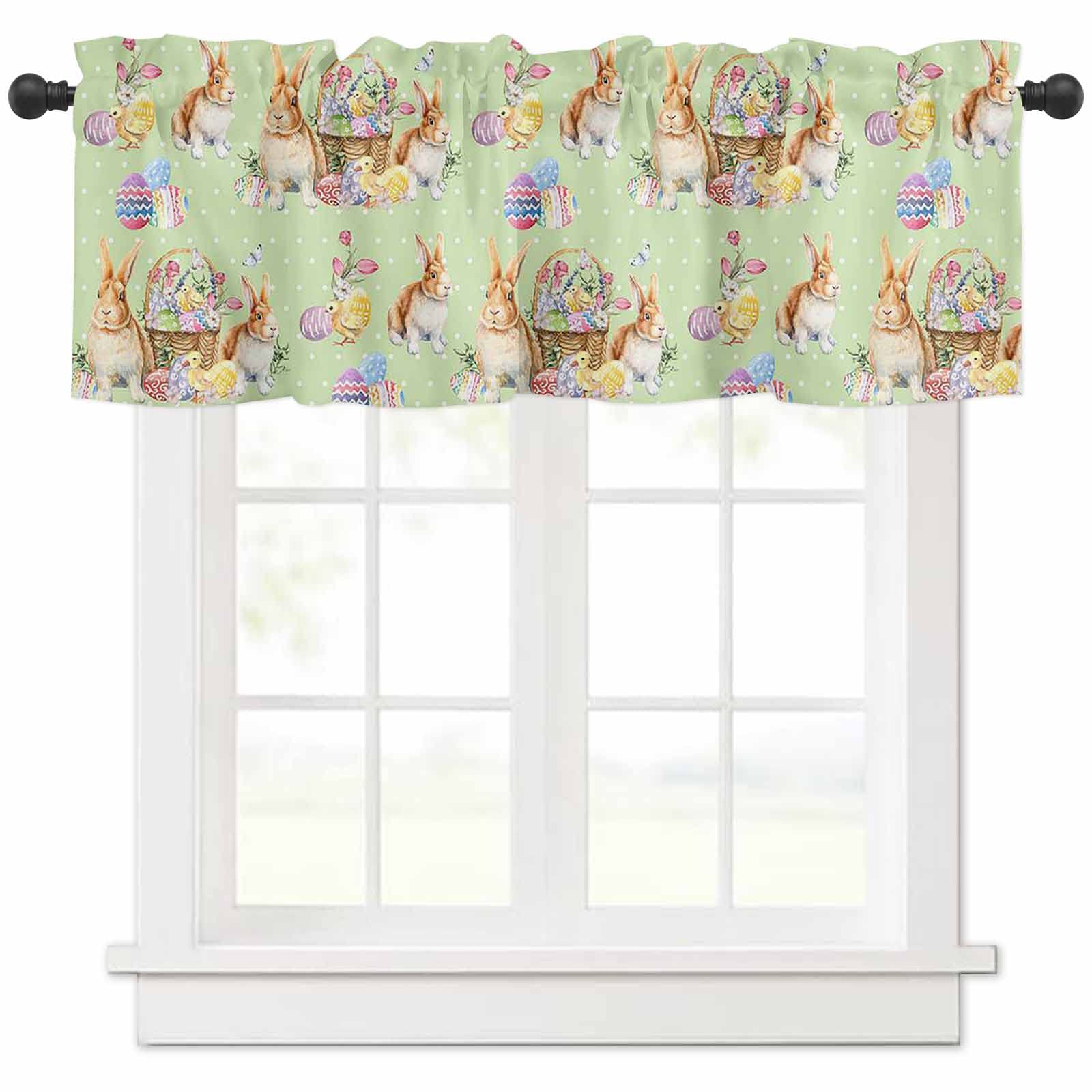 Easter Bunny Curtains for Kitchen & Bedroom - 54x18 Inch Washable Valances - Colorful Eggs Decor