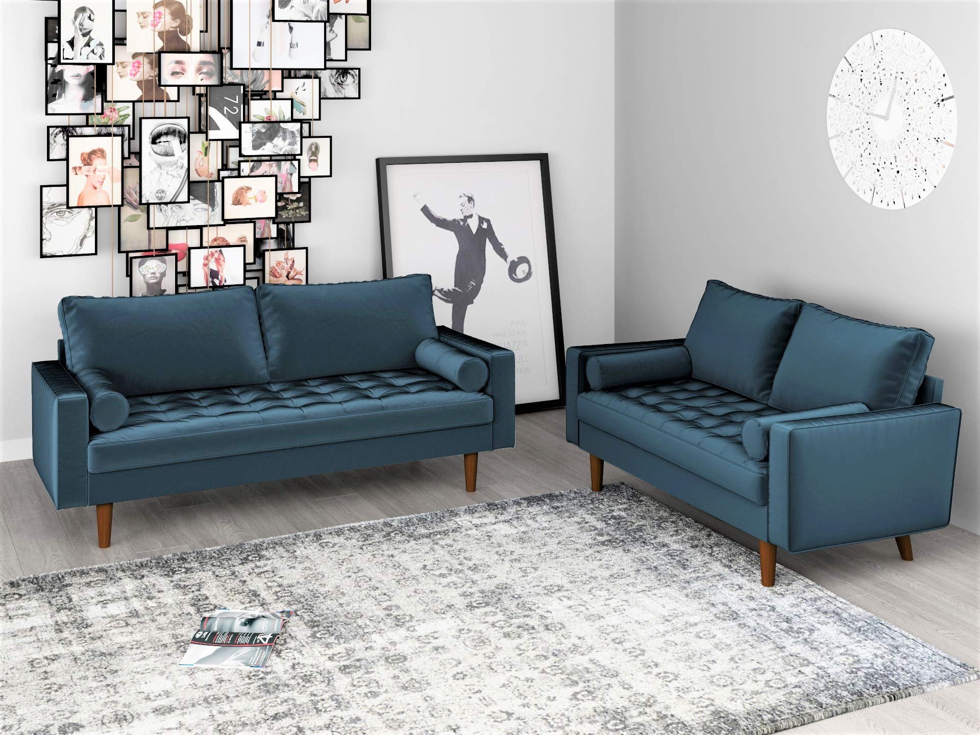 Mid Century Modern Velvet Loveseat with Tufted Seat & Bolster Pillows - Oxford Blue Upholstered Sofa for Living Room, Lounge & Home Decor