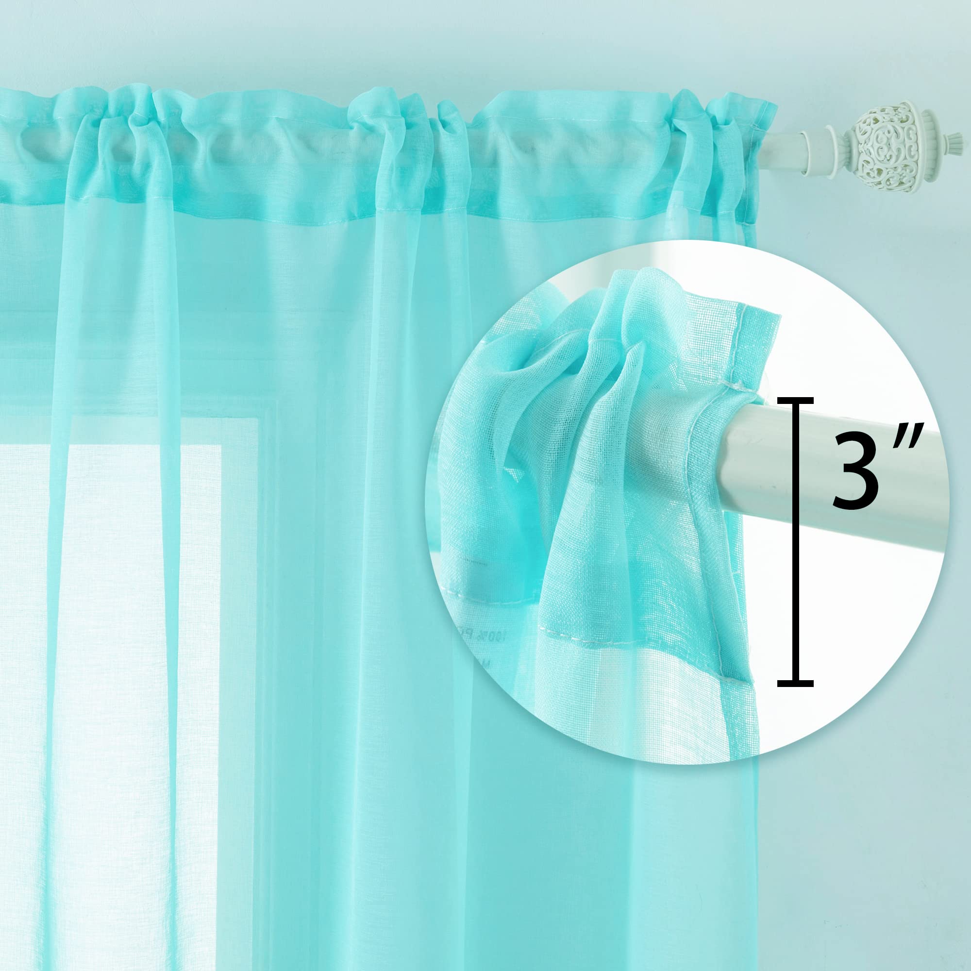 Dualife Aqua Sheer Curtains 54 Inch Length - 2 Panels Faux Linen Voile Drapes with Rod Pocket, Light Blue Semi-Transparent Window Treatments for Small Windows (52x54 Inches) - Perfect for Bathroom, Bedroom, Basement & Kitchen Decor