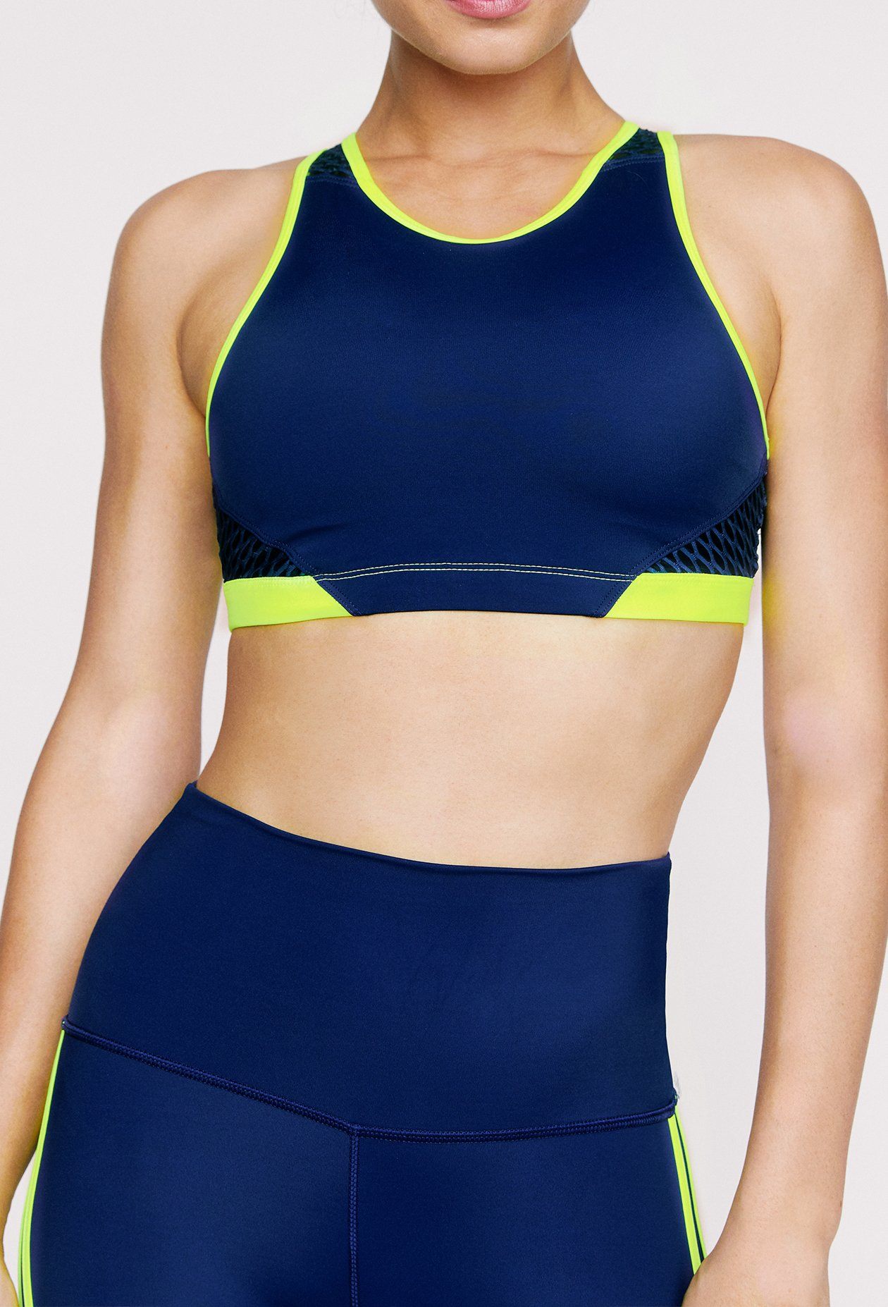 High Neck Sports Bra 2-Pack - Navy & Neon Yellow | Supportive Workout Top for Yoga, Running & Gym