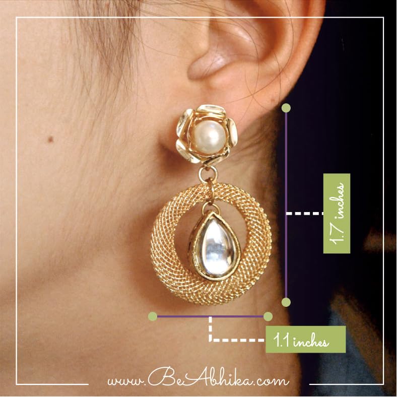 Golden Floral Stud with Pearl Hoop Mesh Earrings - Dangling Drop Shape Kundan Hoop - Bollywood Designer Indian Jewelry Set for Women - Perfect for Weddings, Parties & Festive Occasions