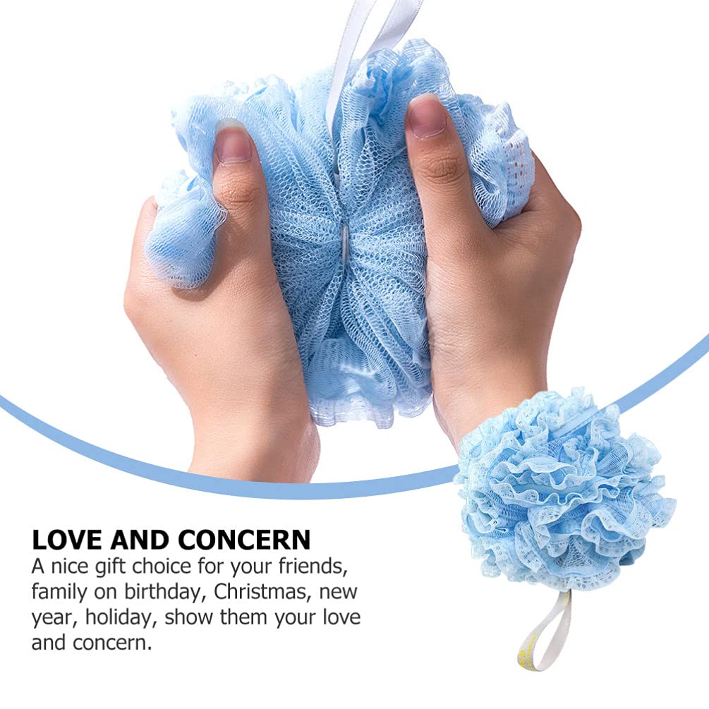 SOLUSTRE 3-Pack Soft Mesh Bath Sponges - Exfoliating Shower Pouf with Lace Design, Gentle Body Scrubber for Adults & Baby, Perfect for Daily Cleansing & Skin Care Routine (Blue/White/Pink) - Ideal for Sensitive Skin, Spa Days & Family Bath Time