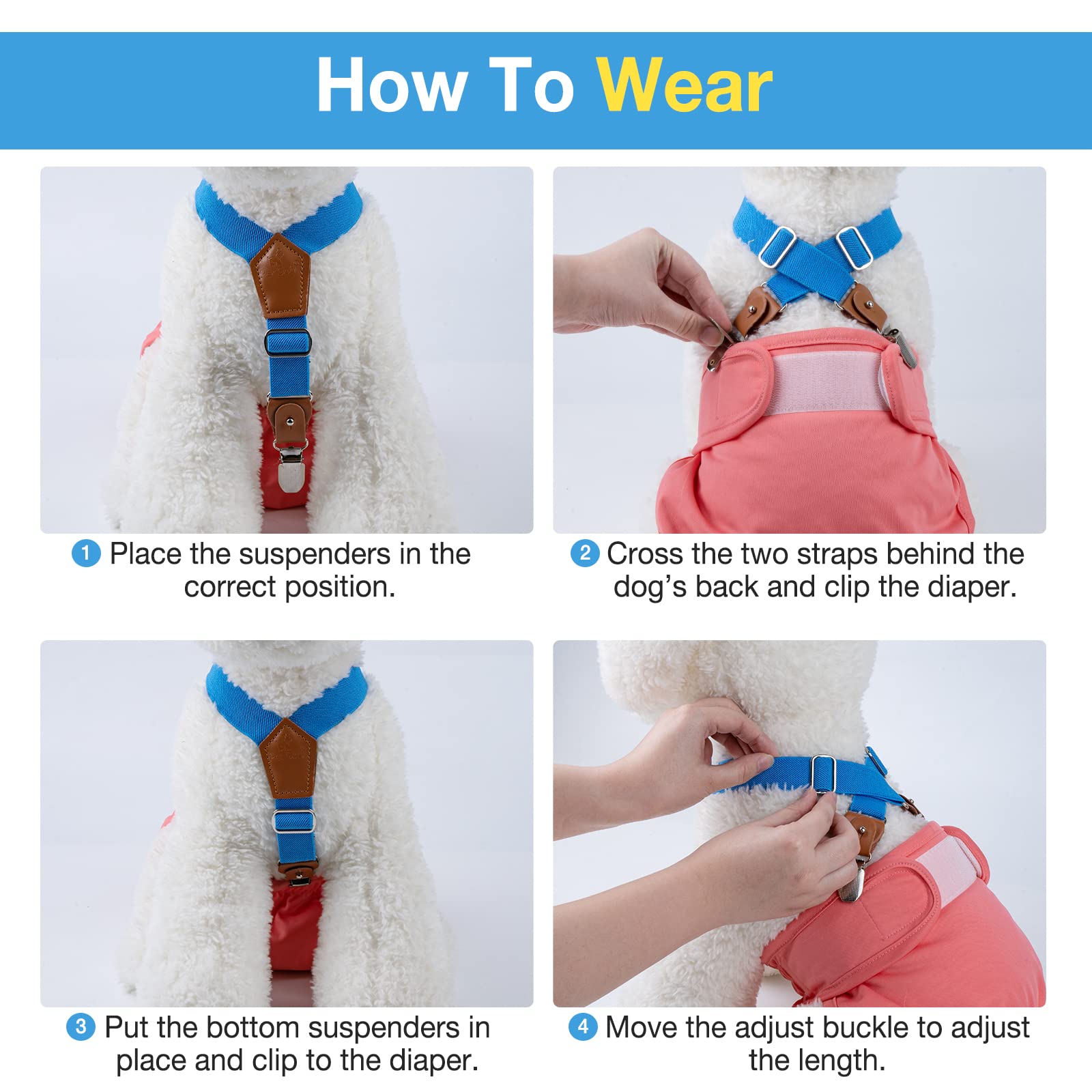 Pet Soft Dog Suspenders 2-Pack - Adjustable Diaper Suspenders for Small Dogs, XS/S Size - Secure Dog Diapers, Skirts & Dresses (Gold & Blue) - Perfect for Puppy Training, Fashion Outfits & Special Occasions