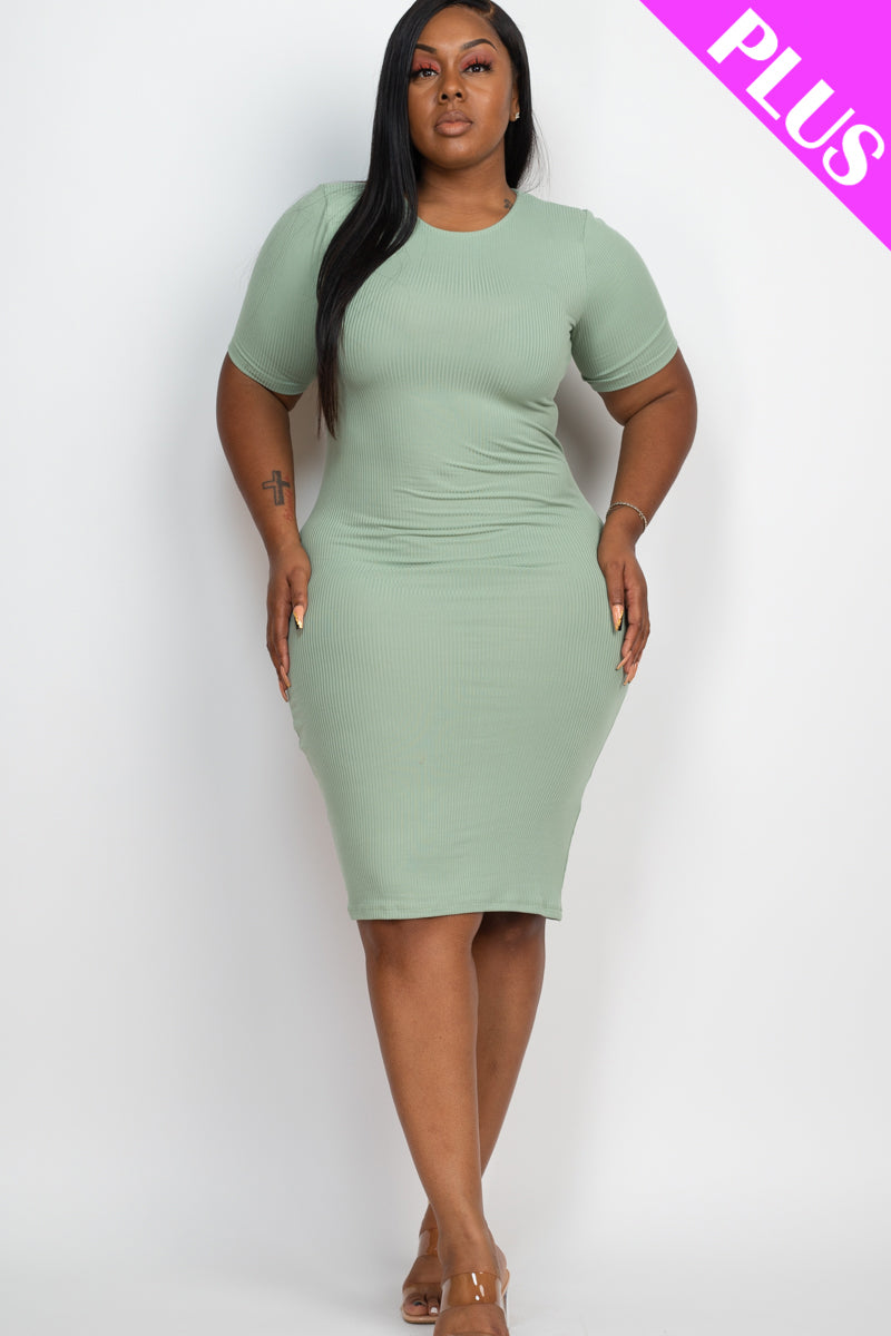 Plus Size Short Sleeve Ribbed Bodycon Midi Dress for Women - Stretchy Slim Fit Party Cocktail Dress for Curvy Figures - Perfect for Date Night, Club Wear & Special Occasions