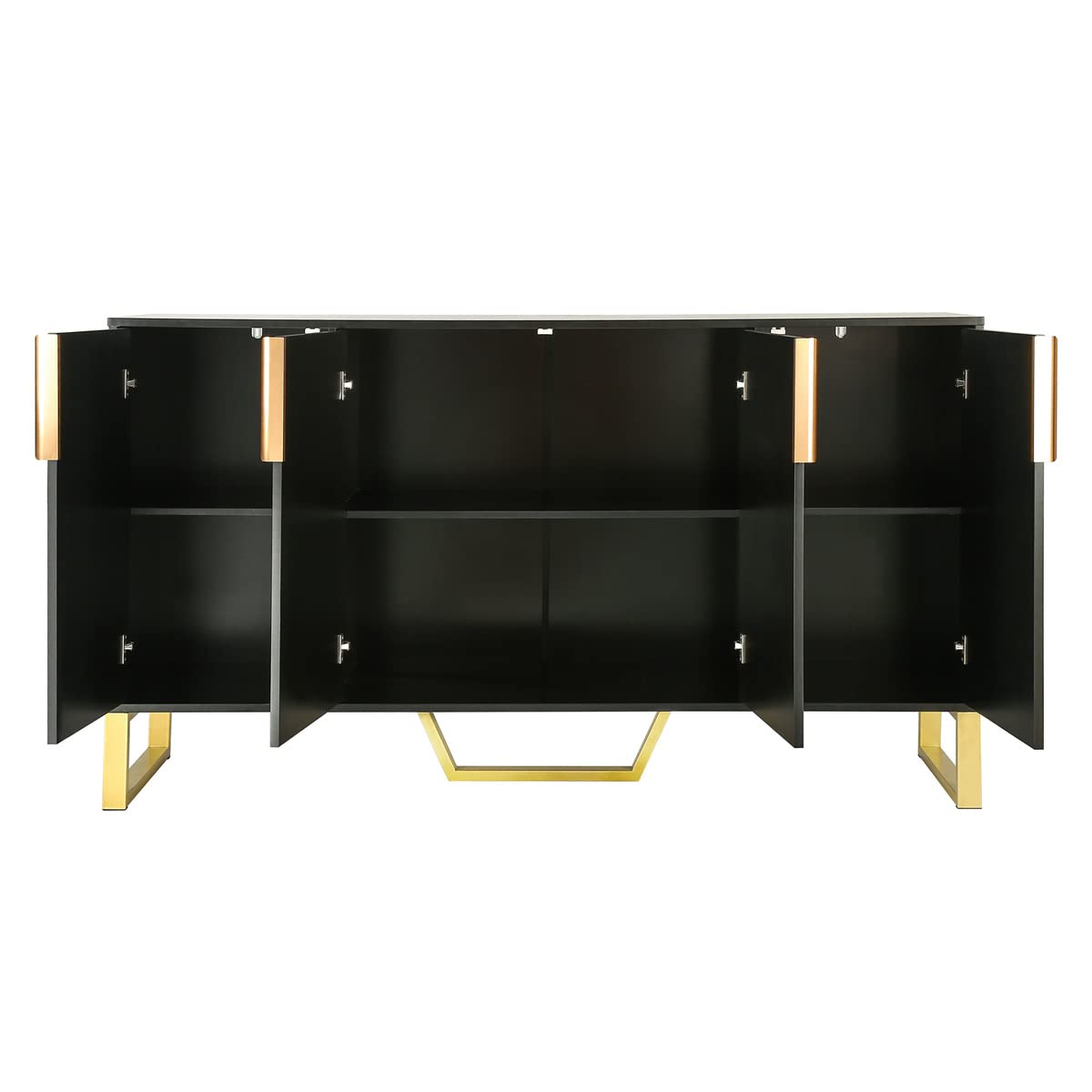 Modern 4-Door Mid Century Storage Cabinet with Metal Handles & Legs - Adjustable Shelves Kitchen & Living Room Sideboard - Black | Perfect for Dining Room, Hallway & Home Office Organization