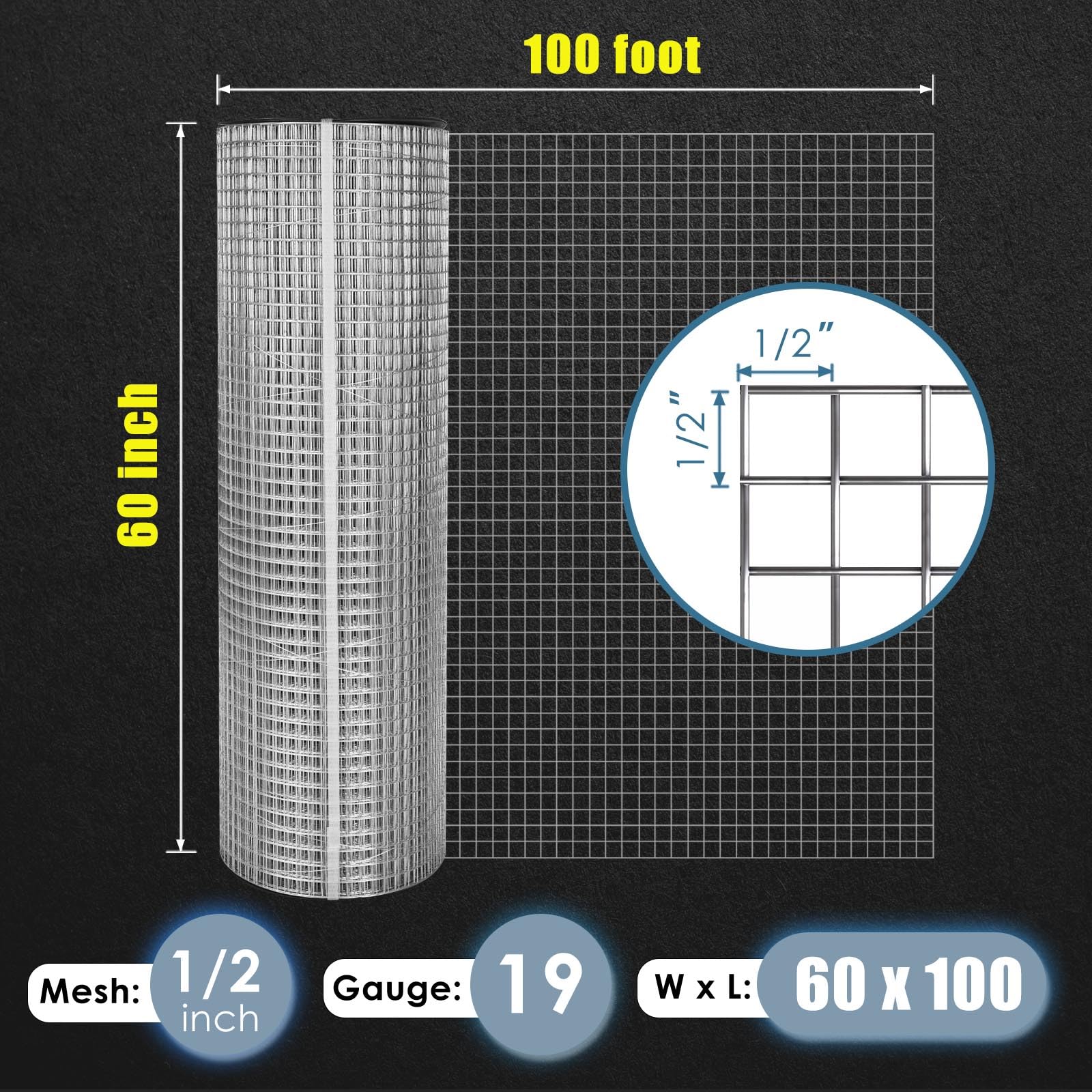 **GoldPeak 1/2 Inch Mesh Galvanized Hardware Cloth - 19 Gauge Chicken Wire Fence Roll (60