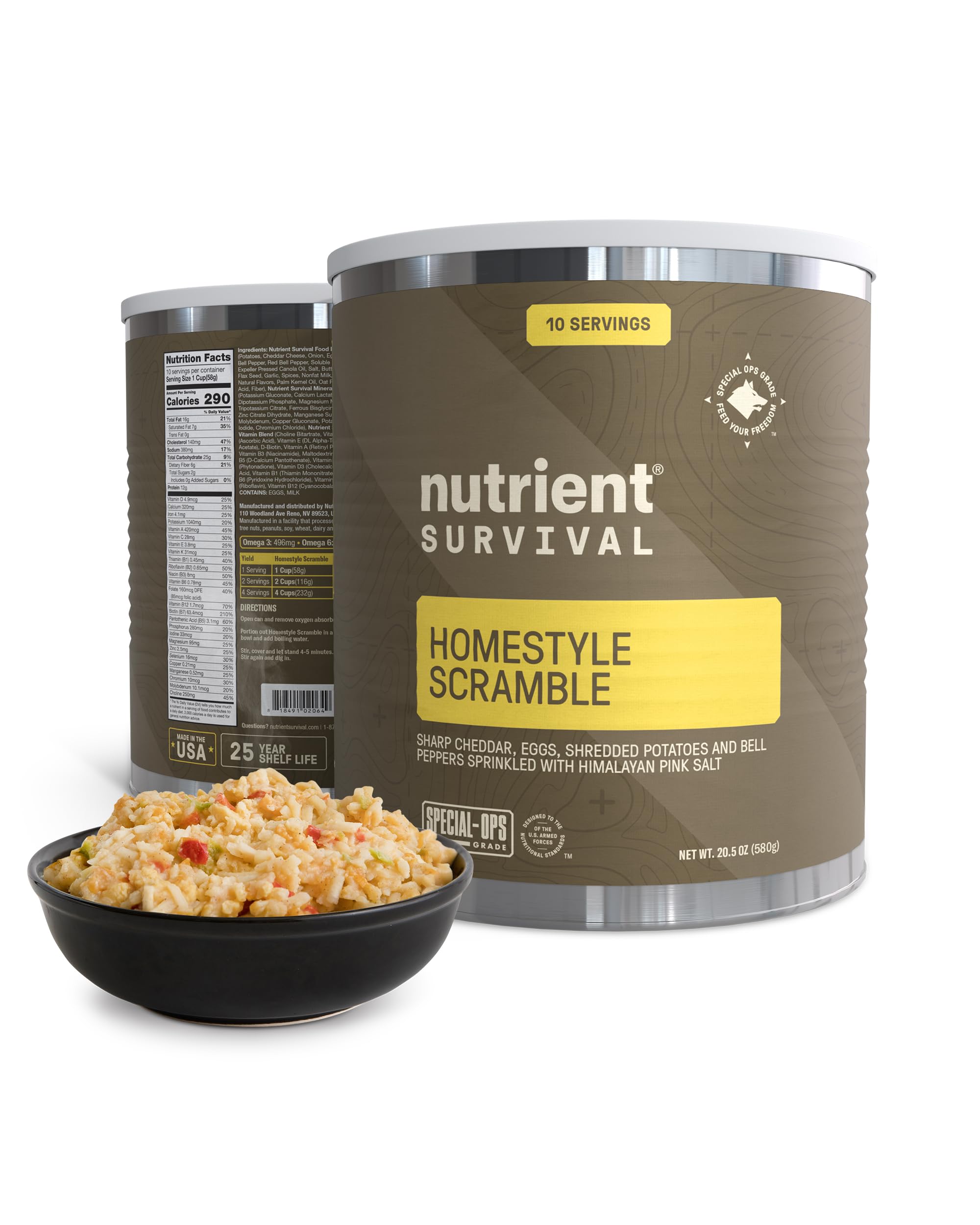 Nutrient Survival MRE Homestyle Scramble Eggs - Freeze Dried Ready-to-Eat Emergency Food (10 Servings) | 40 Essential Nutrients, 25 Year Shelf Life | Perfect for Camping, Hiking & Disaster Preparedness