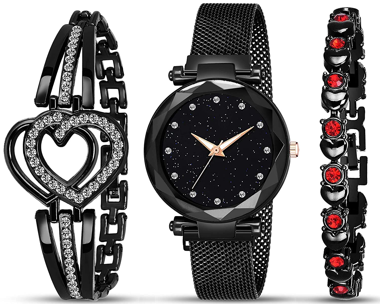 Diamond Studded Analog Watch for Women & Girls - 3-Piece Combo for Casual & Formal Wear