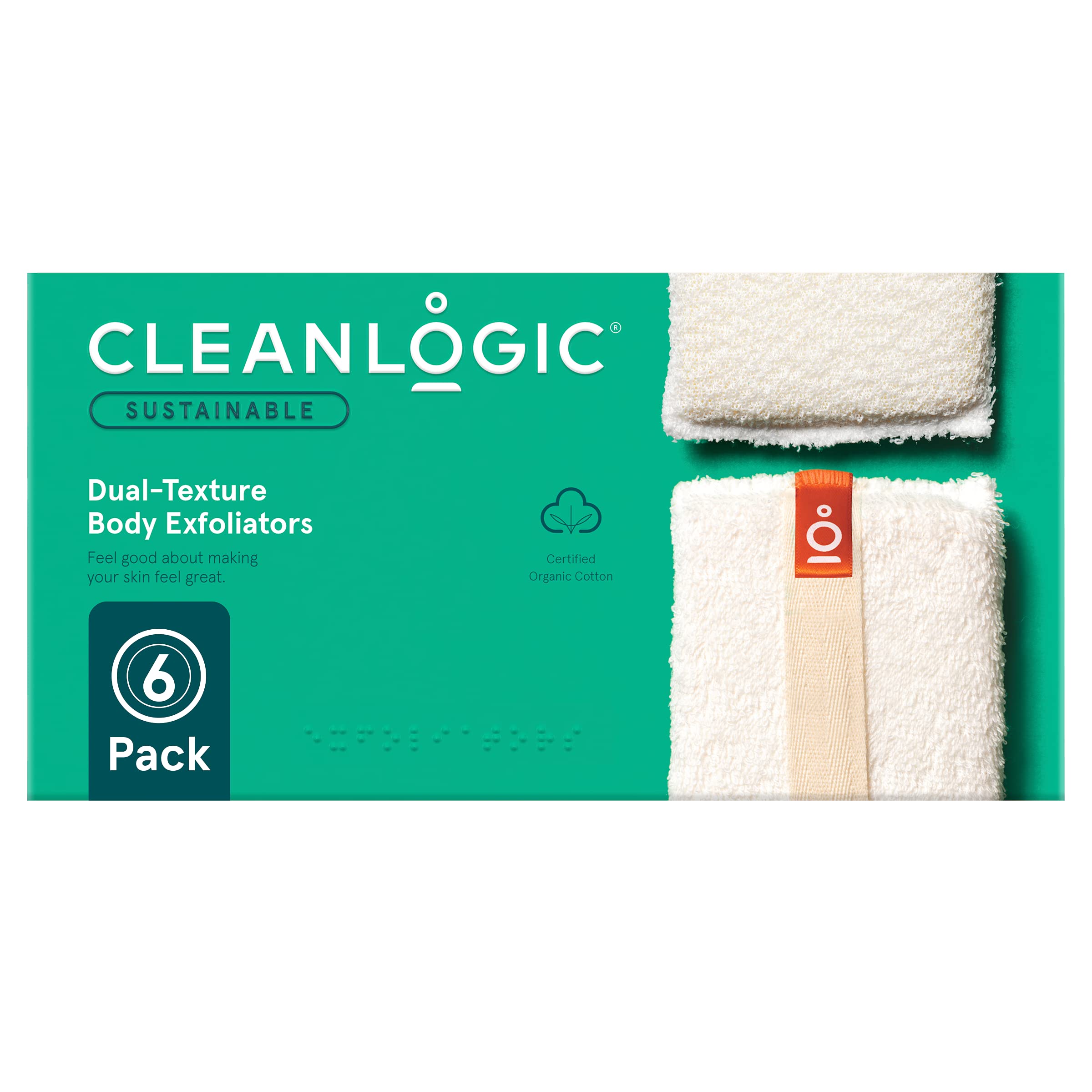 Cleanlogic Organic Cotton Dual Texture Body Exfoliator Scrubber - Pack of 6 for Dry Skin Removal, Improved Circulation & Lymphatic Drainage - Eco-Friendly Bath & Shower Exfoliating Gloves for Spa-Like Skincare at Home