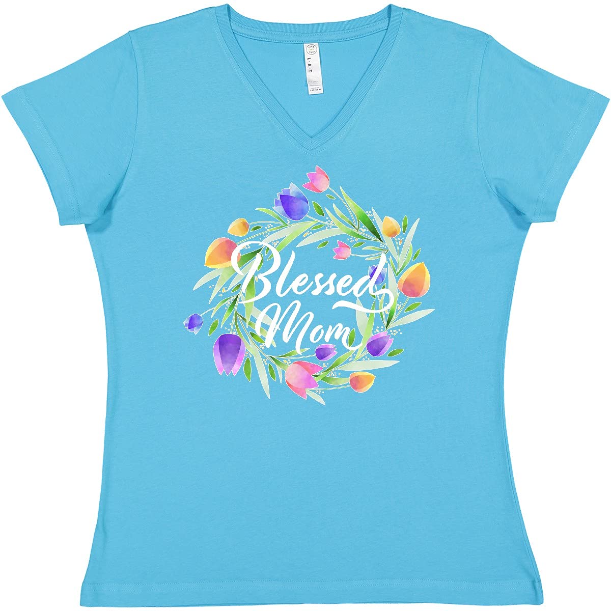 Blessed Mom with Pastel Tulips Women's V-Neck T-Shirt - Mother's Day Gift, Casual Comfort Tee for Mom - Perfect for Mother's Day, Family Gatherings & Everyday Wear