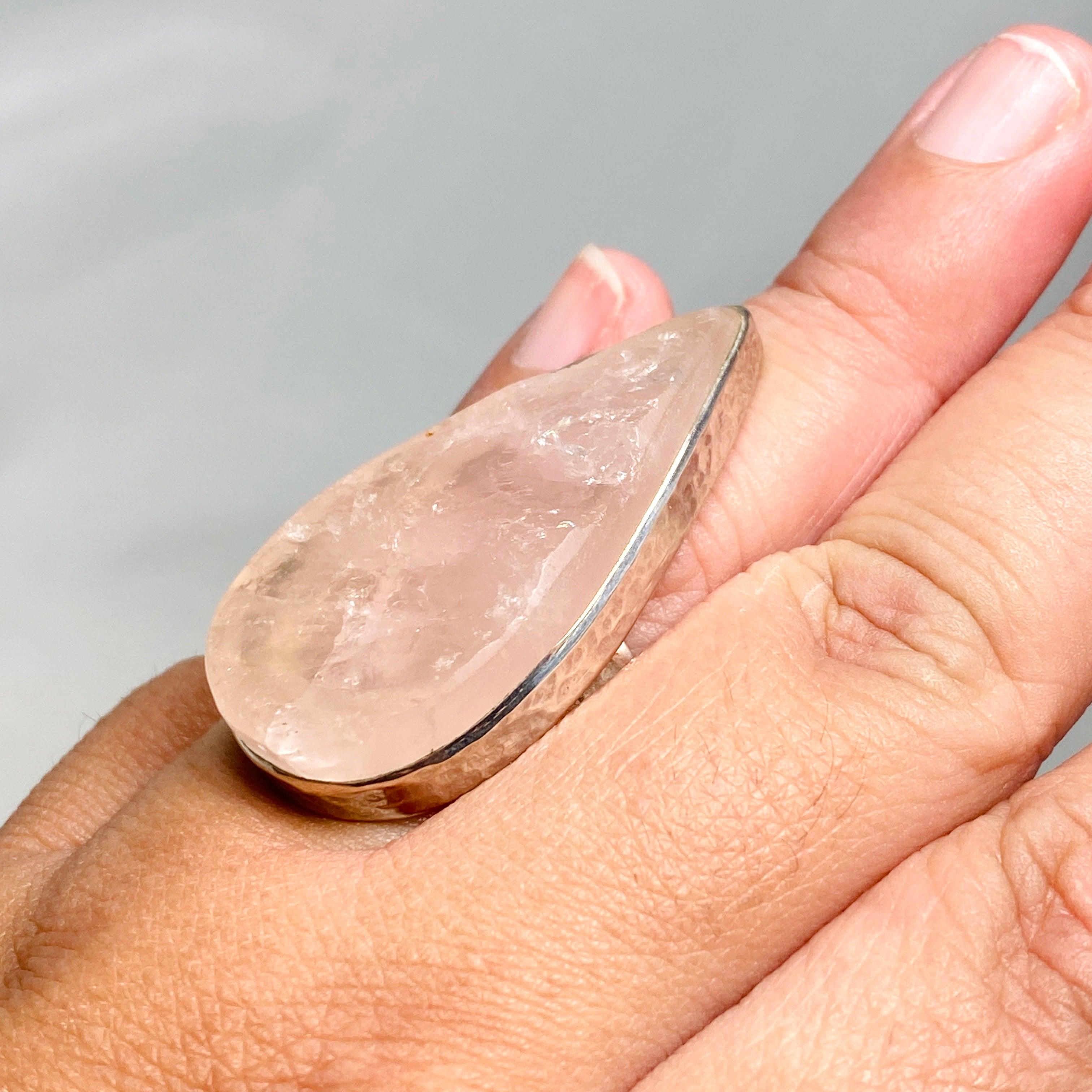 Natural Rose Quartz Teardrop Ring with Hammered Band - Size 10 - KRGJ1302 | Healing Crystal Jewelry for Meditation, Energy Work & Spiritual Gifts