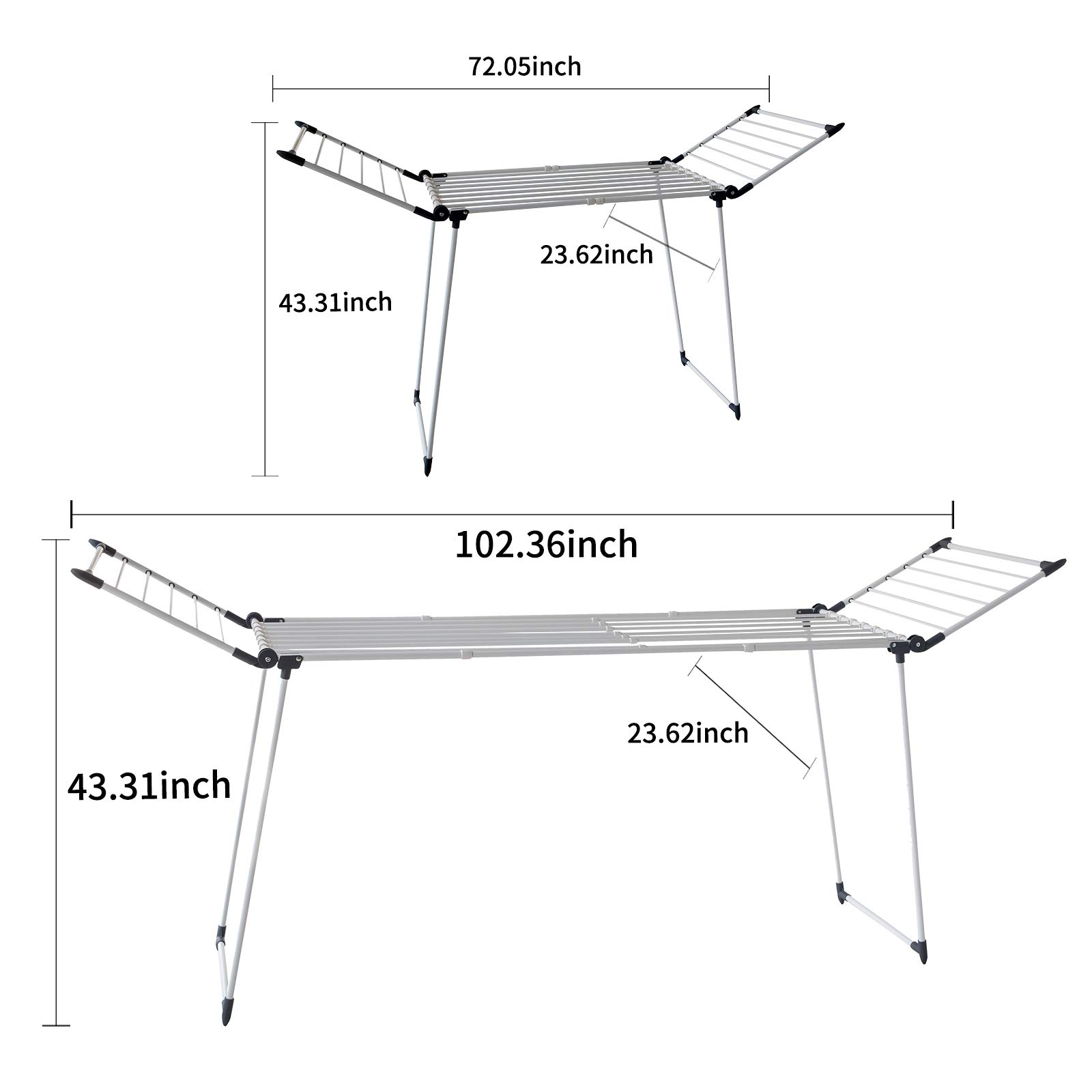 Foldable Adjustable Gullwing Clothes Drying Rack - Indoor & Outdoor Laundry Drying Stand for Small Spaces, Apartments, Balcony, Camping (White & Gray)